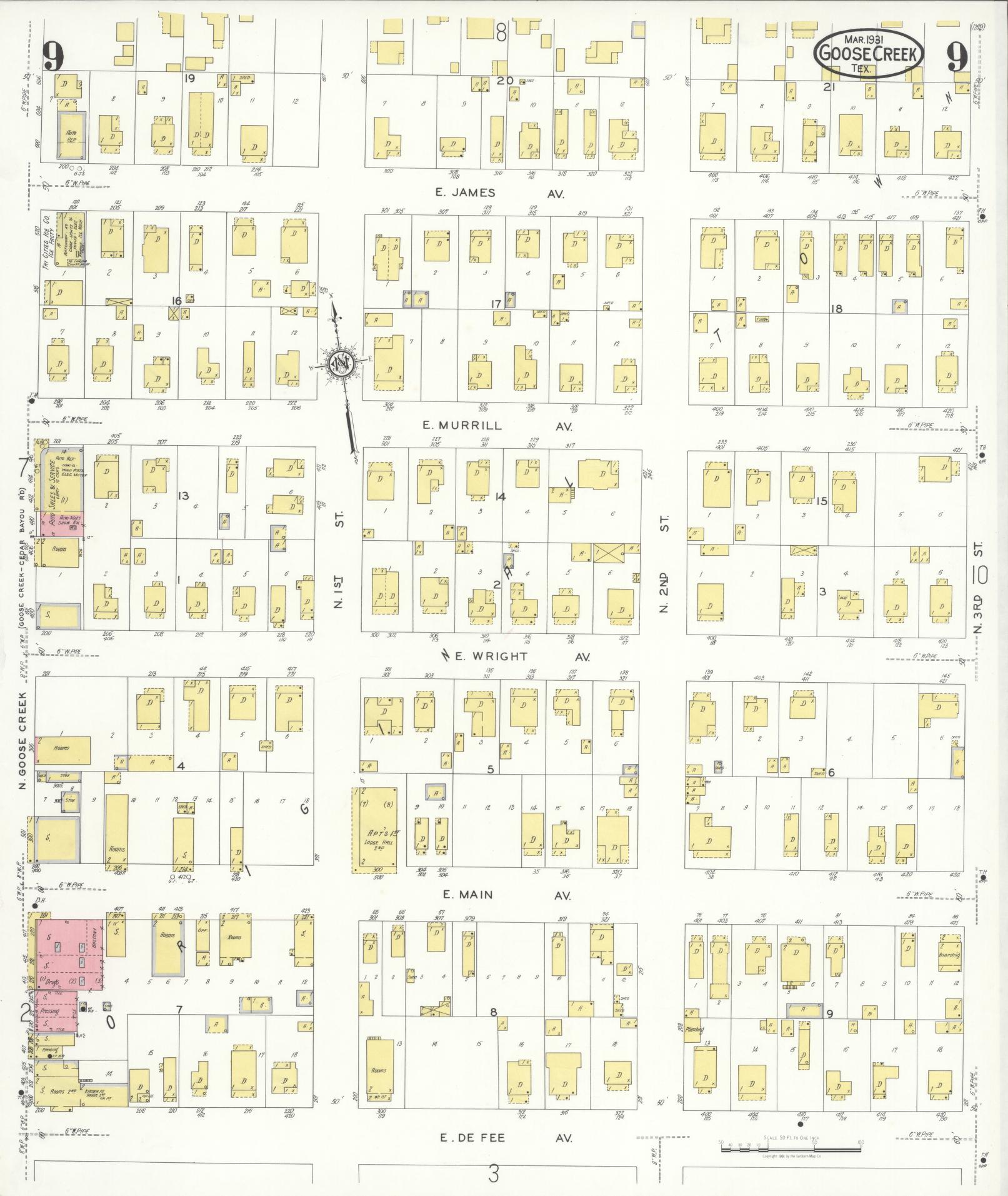 Sanborn Fire Insurance Map from Goose Creek, Harris County, Texas (1931), Sheet #0009 - Historic Sanborn Fire Insurance Map Print, vintage old map wall art, antique decor, genealogy gift, Texas Texas map