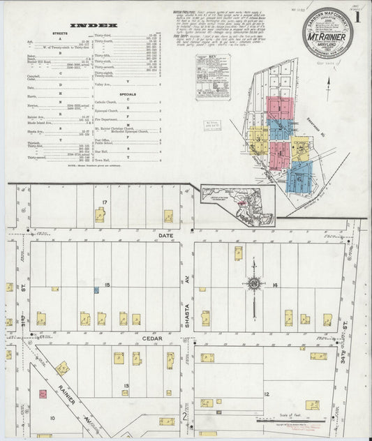 Sanborn Fire Insurance Map from Mount Rainier, Prince Georges County, Maryland (1921), Sheet #0001 - Historic Sanborn Fire Insurance Map Print, vintage old map wall art, antique decor, genealogy gift, Maryland Maryland map