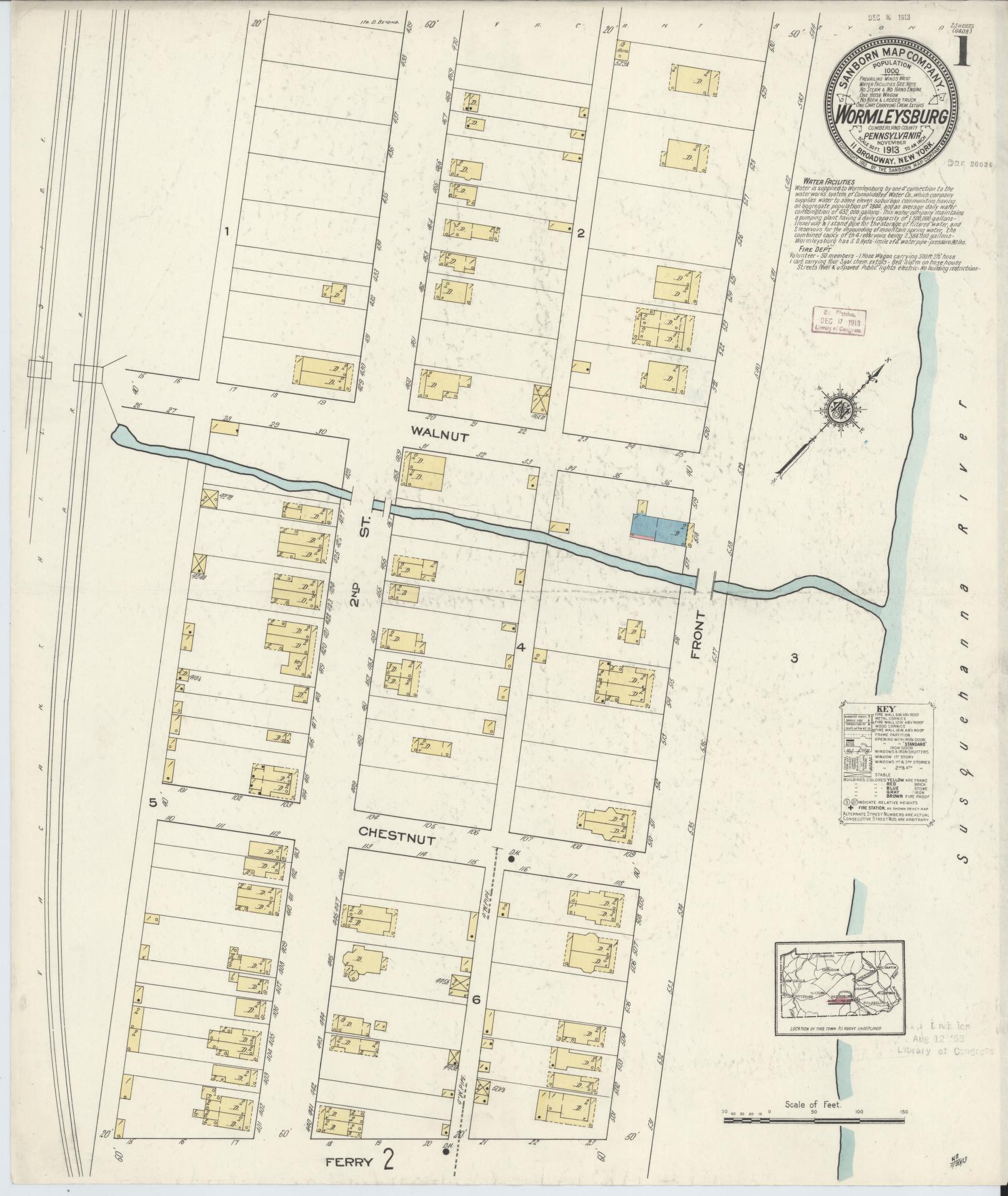 Sanborn Fire Insurance Map from Wormleysburg, Cumberland County, Pennsylvania (1913), Sheet #0001 - Complete Map Set gallery image, historic Sanborn map, vintage wall art, Pennsylvania Pennsylvania
