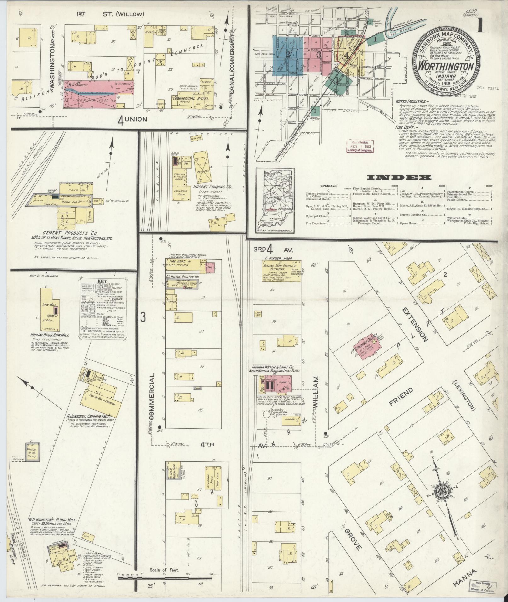 Sanborn Fire Insurance Map from Worthington, Greene County, Indiana (1913), Sheet #0001 - Complete Map Set gallery image, historic Sanborn map, vintage wall art, Indiana Indiana