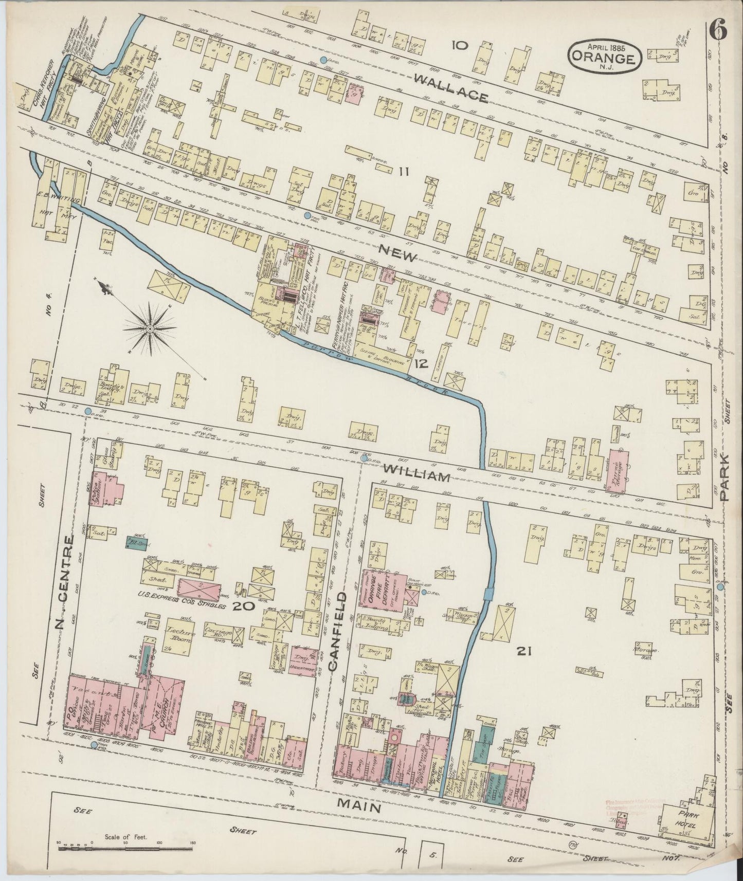 Sanborn Fire Insurance Map from Orange, Essex County, New Jersey (1885), Sheet #0006 - Historic Sanborn Fire Insurance Map Print, vintage old map wall art, antique decor, genealogy gift, New Jersey New Jersey map
