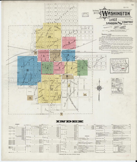 Sanborn Fire Insurance Map from Washington, Washington County, Iowa (1917), Sheet #0001 - Historic Sanborn Fire Insurance Map Print, vintage old map wall art