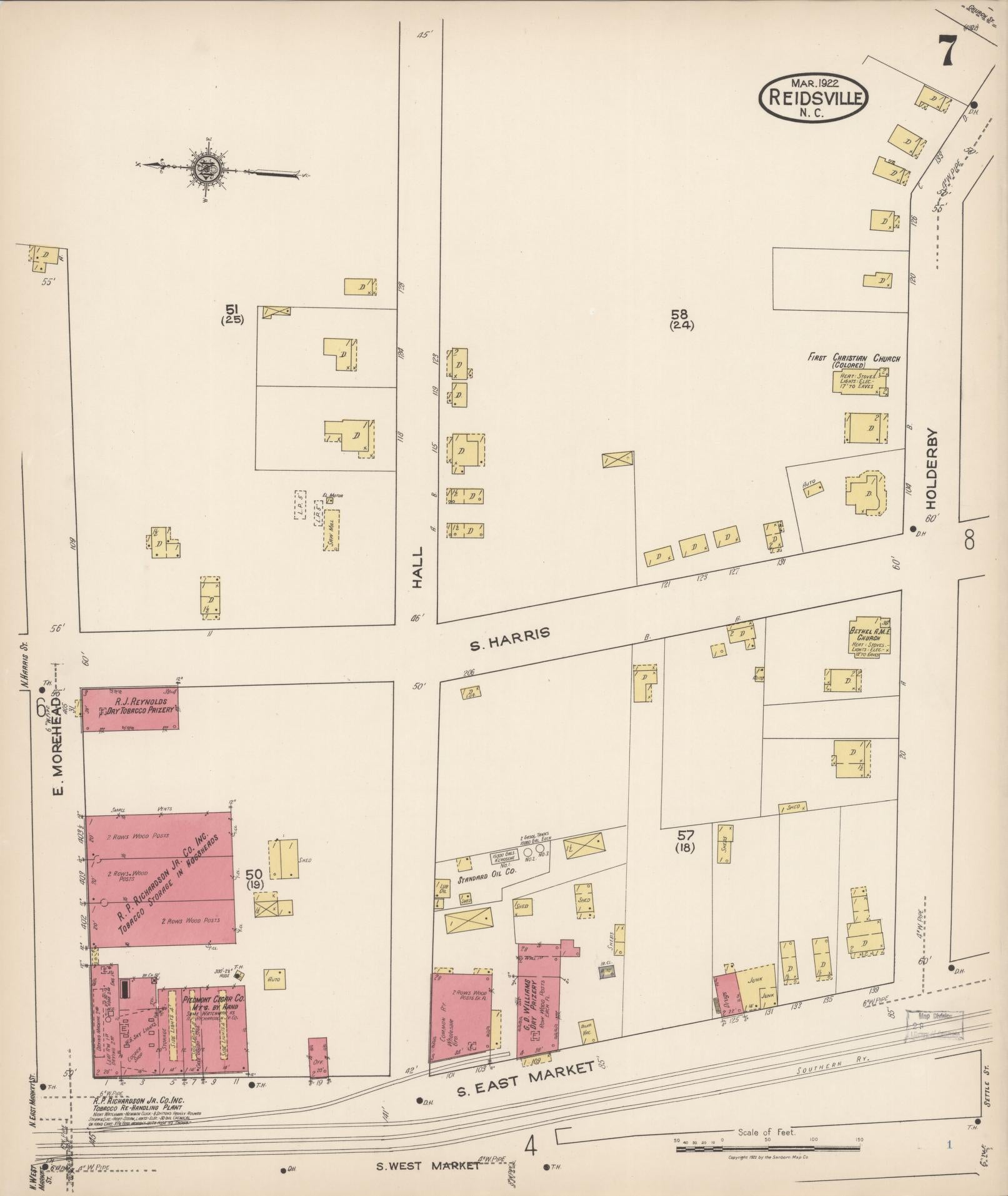 Sanborn Fire Insurance Map from Reidsville, Rockingham County, North Carolina (1922), Sheet #0007 - Historic Sanborn Fire Insurance Map Print, vintage old map wall art, antique decor, genealogy gift, North Carolina North Carolina map