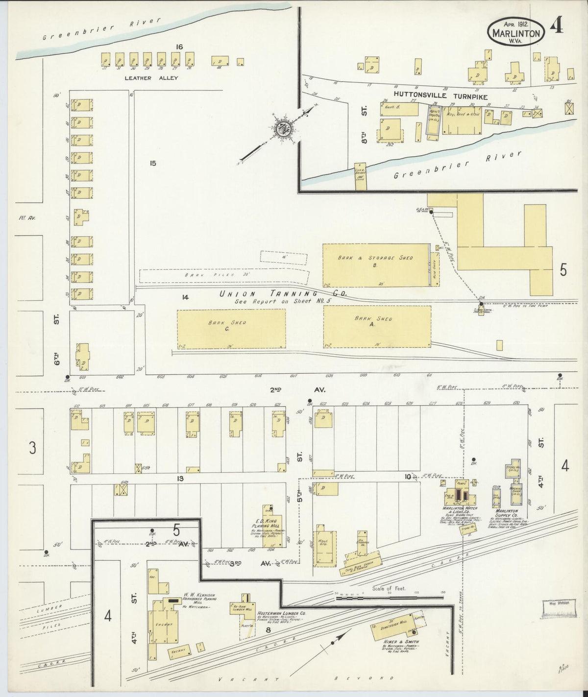 Sanborn Fire Insurance Map from Marlinton, Pocahontas County, West Virginia (1912), Sheet #0004 - Historic Sanborn Fire Insurance Map Print, vintage old map wall art, antique decor, genealogy gift, West Virginia West Virginia map