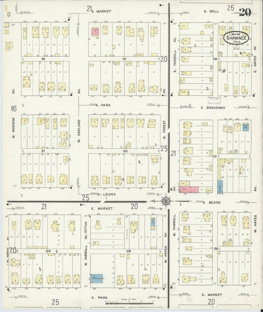 Sanborn Fire Insurance Map from Shawnee, Pottawatomie County, Oklahoma (1912), Sheet #0020 - Historic Sanborn Fire Insurance Map Print, vintage old map wall art, antique decor, genealogy gift, Oklahoma Oklahoma map
