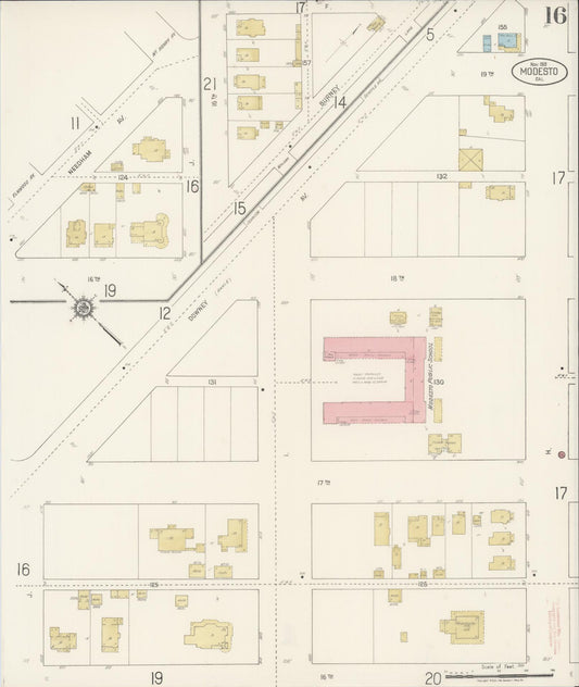 Sanborn Fire Insurance Map from Modesto, Stanislaus County, California (1919), Sheet #0016 - Historic Sanborn Fire Insurance Map Print, vintage old map wall art, antique decor, genealogy gift, California California map