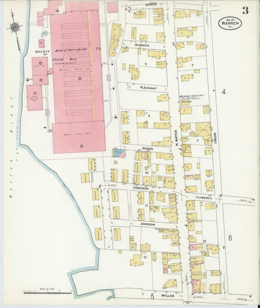 Sanborn Fire Insurance Map from Warren, Bristol County, Rhode Island (1911), Sheet #0003 - Historic Sanborn Fire Insurance Map Print, vintage old map wall art, antique decor, genealogy gift, Rhode Island Rhode Island map