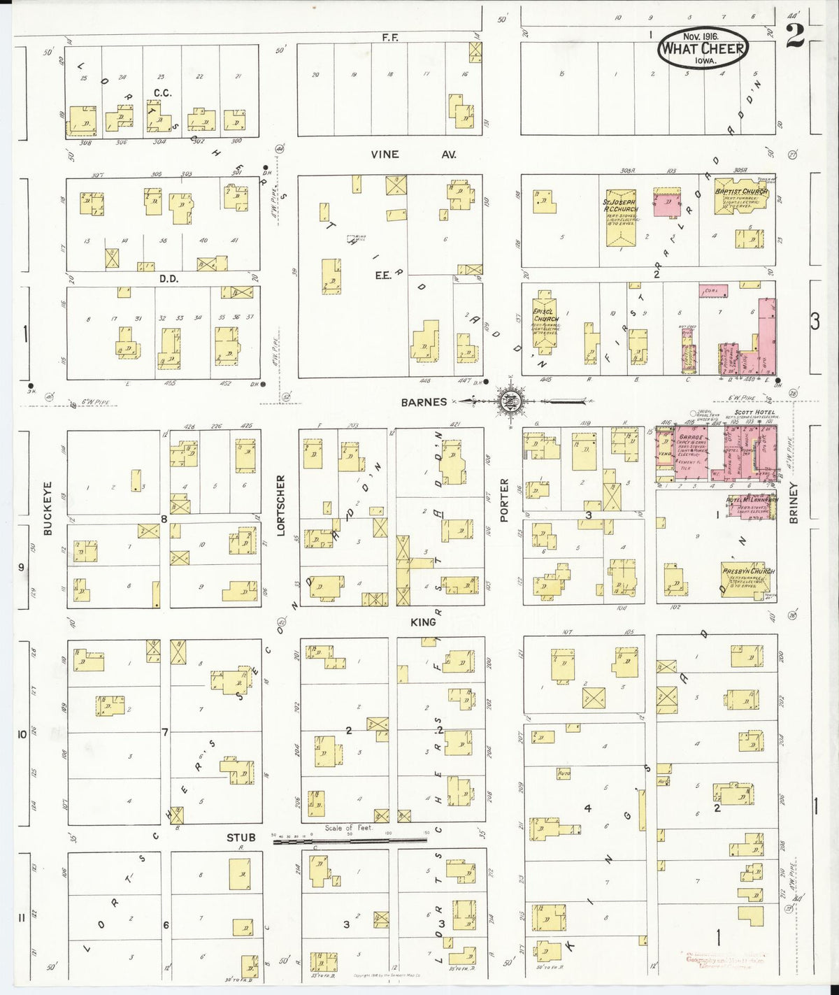 Sanborn Fire Insurance Map from What Cheer, Keokuk County, Iowa (1916), Sheet #0002 - Historic Sanborn Fire Insurance Map Print, vintage old map wall art