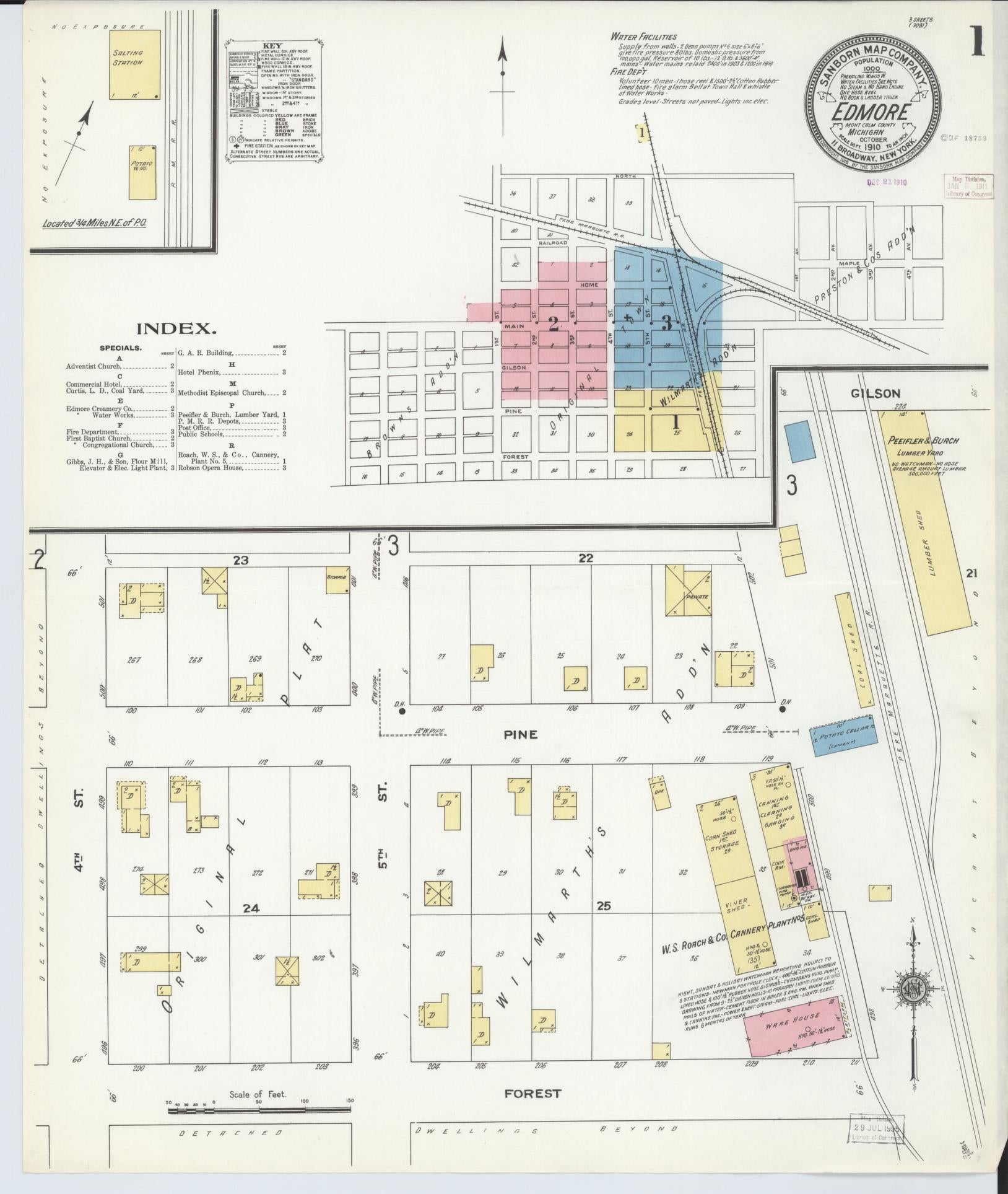 Sanborn Fire Insurance Map from Edmore, Montcalm County, Michigan (1910), Sheet #0001 - Historic Sanborn Fire Insurance Map Print, vintage old map wall art, antique decor, genealogy gift, Michigan Michigan map