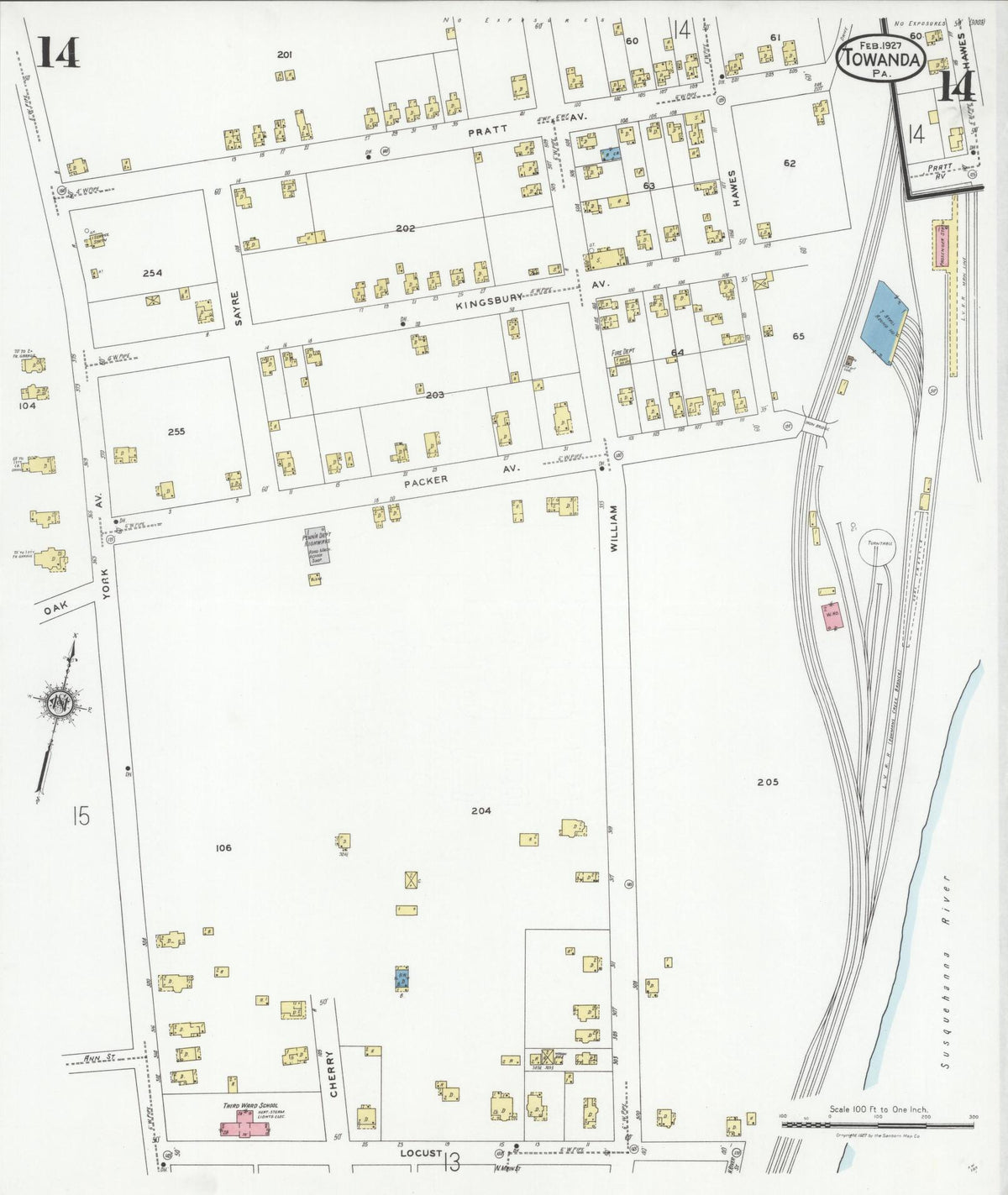 Sanborn Fire Insurance Map from Towanda, Bradford County, Pennsylvania (1927), Sheet #0014 - Historic Sanborn Fire Insurance Map Print, vintage old map wall art, antique decor, genealogy gift, Pennsylvania Pennsylvania map