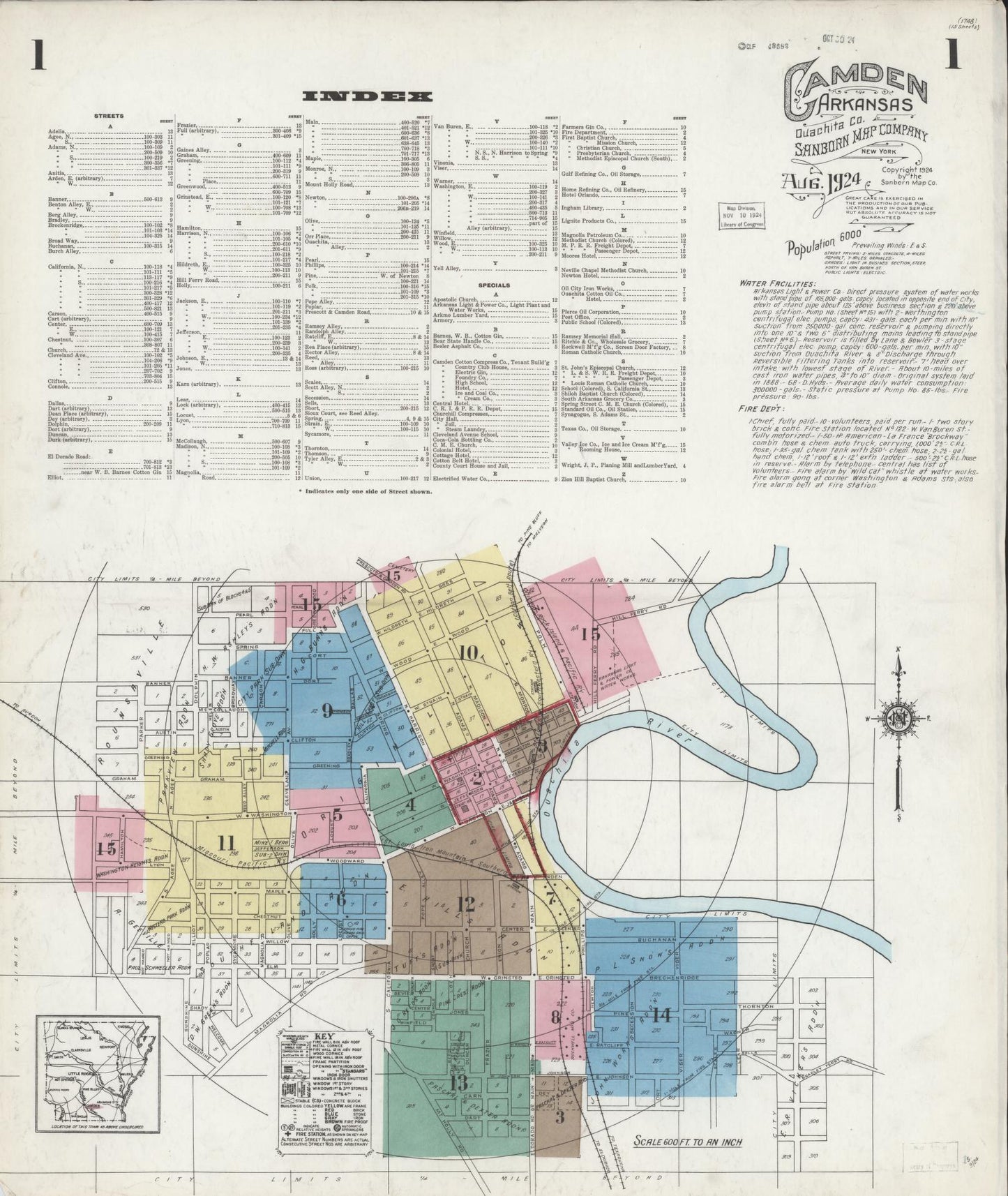 Sanborn Fire Insurance Map from Camden, Ouachita County, Arkansas (1924), Sheet #0001 - Complete Map Set gallery image, historic Sanborn map, vintage wall art, Arkansas Arkansas