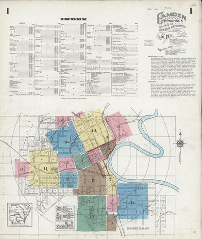 Sanborn Fire Insurance Map from Camden, Ouachita County, Arkansas (1924), Sheet #0001 - Complete Map Set gallery image, historic Sanborn map, vintage wall art, Arkansas Arkansas