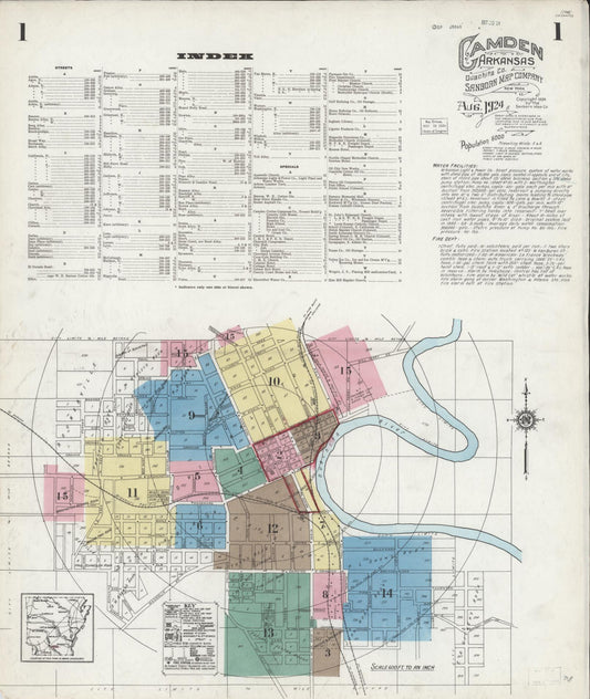 Sanborn Fire Insurance Map from Camden, Ouachita County, Arkansas (1924), Sheet #0001 - Complete Map Set gallery image, historic Sanborn map, vintage wall art, Arkansas Arkansas