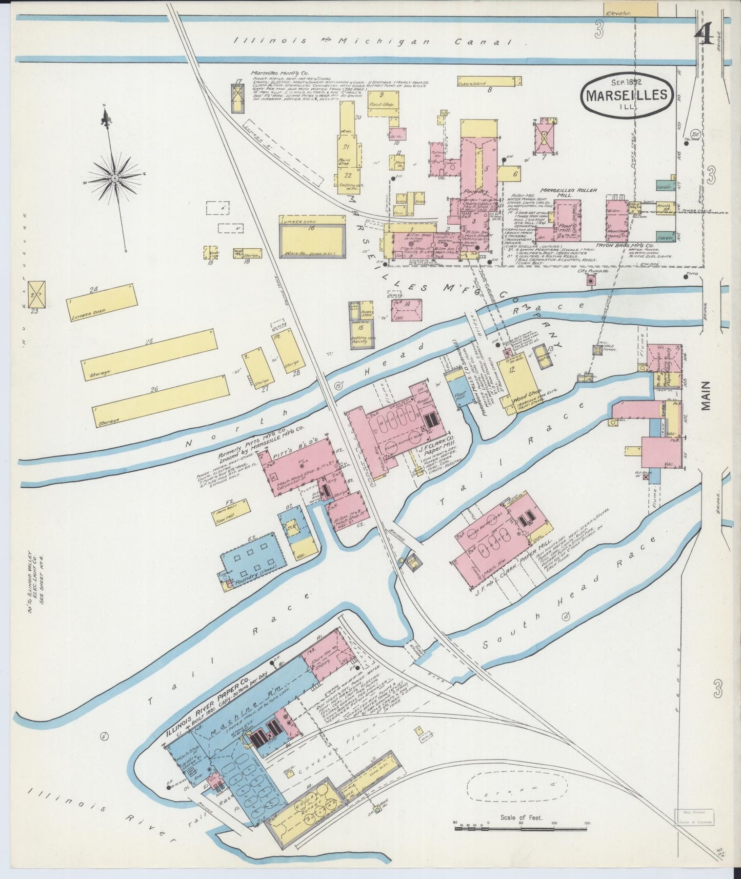 Sanborn Fire Insurance Map from Marseilles, La Salle County, Illinois (1892), Sheet #0004 - Historic Sanborn Fire Insurance Map Print, vintage old map wall art, antique decor, genealogy gift, Illinois Illinois map
