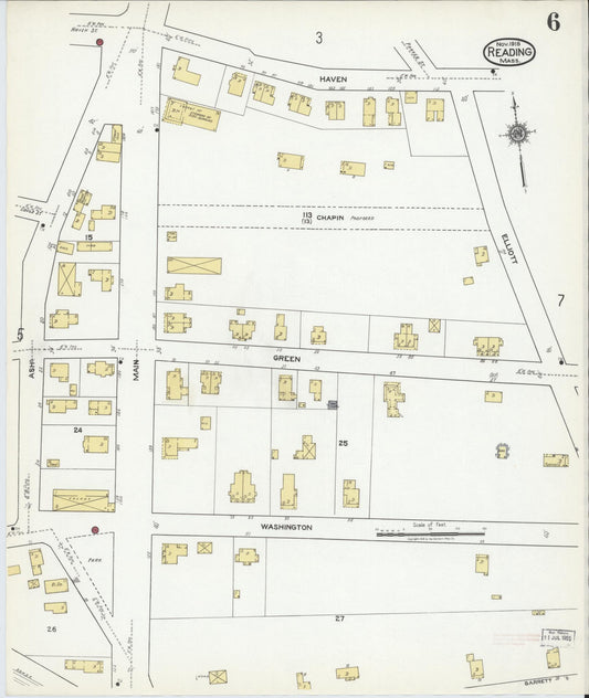 Sanborn Fire Insurance Map from Reading, Middlesex County, Massachusetts (1918), Sheet #0006 - Historic Sanborn Fire Insurance Map Print, vintage old map wall art, antique decor, genealogy gift, Massachusetts Massachusetts map