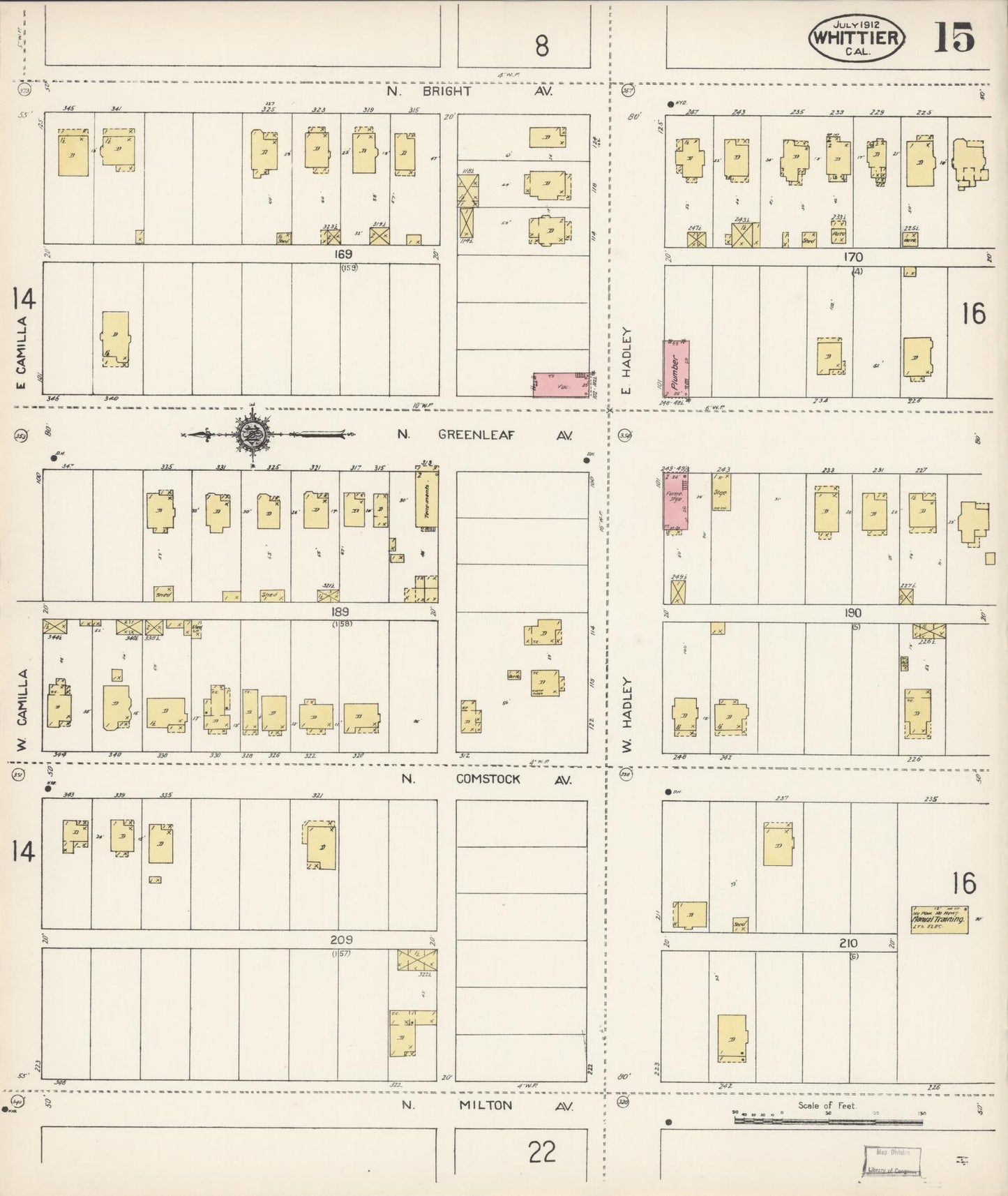 Sanborn Fire Insurance Map from Whittier, Los Angeles County, California (1912), Sheet #0015 - Complete Map Set gallery image, historic Sanborn map, vintage wall art, California California