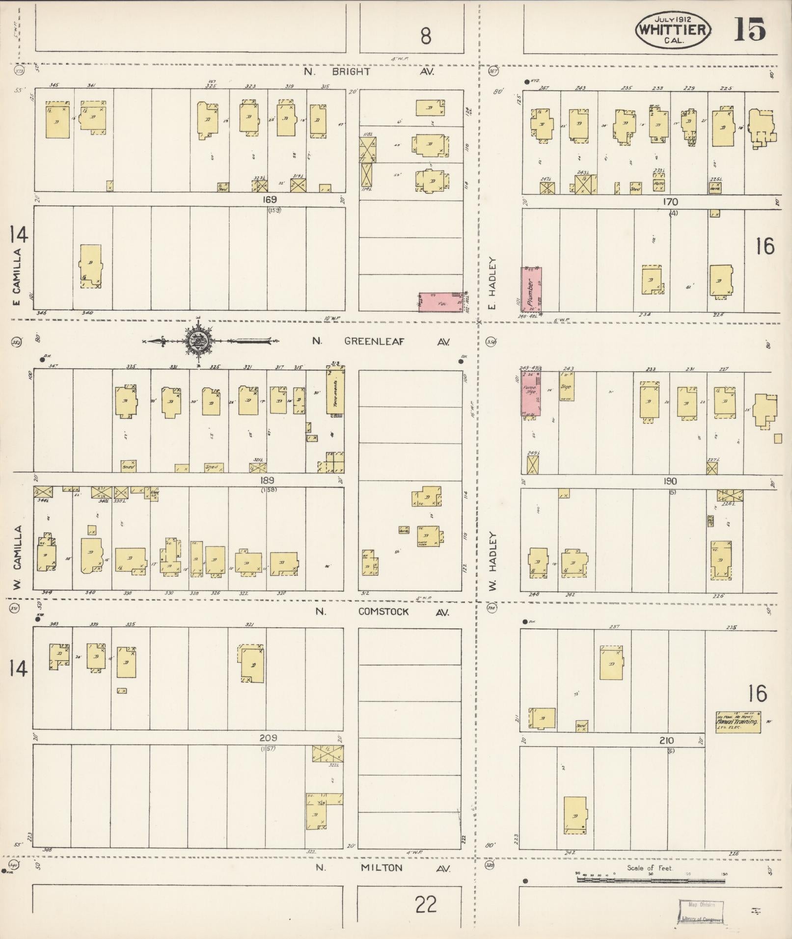 Sanborn Fire Insurance Map from Whittier, Los Angeles County, California (1912), Sheet #0015 - Complete Map Set gallery image, historic Sanborn map, vintage wall art, California California