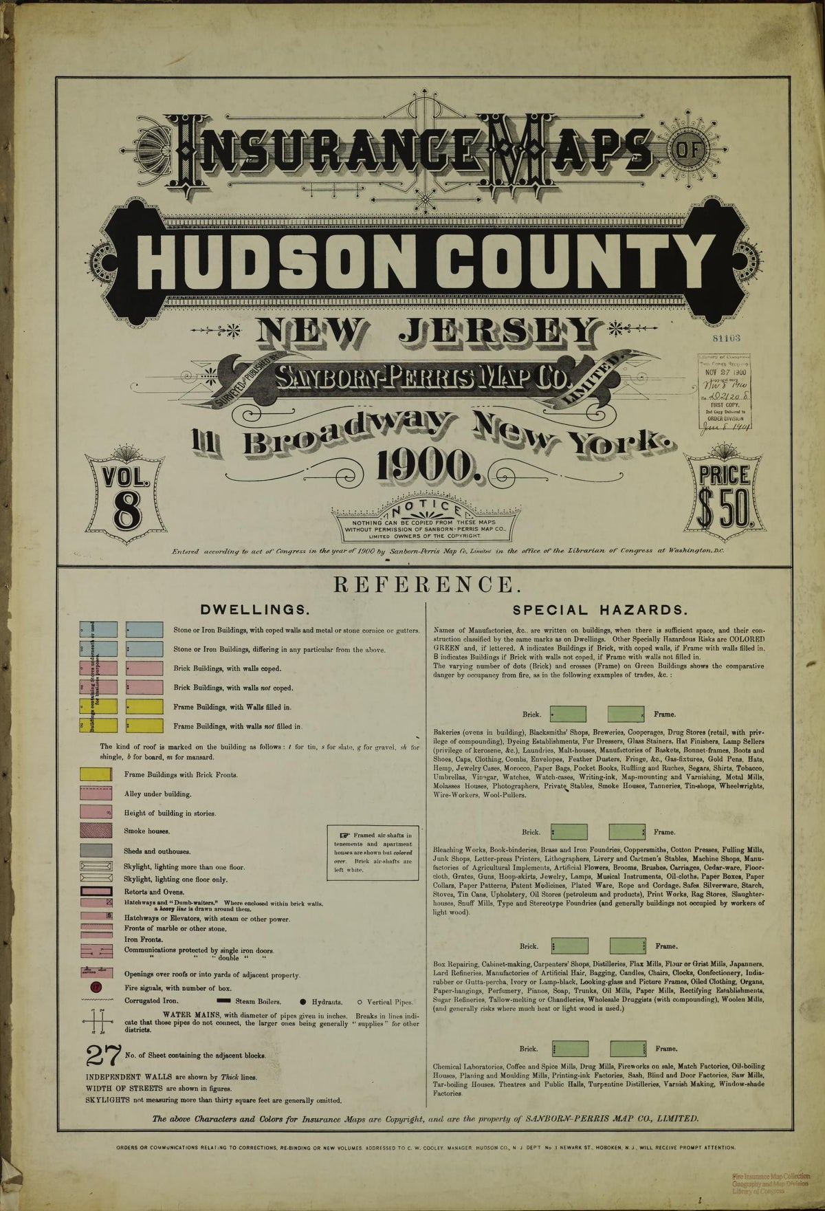 Sanborn Fire Insurance Map from Hudson Co., Hudson County, New Jersey (1900), Sheet #0001 - Historic Sanborn Fire Insurance Map Print, vintage old map wall art, antique decor, genealogy gift, New Jersey New Jersey map
