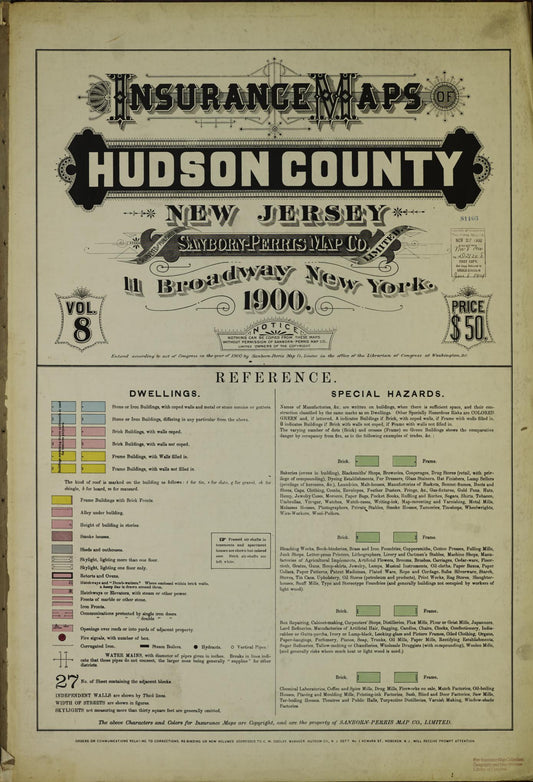 Sanborn Fire Insurance Map from Hudson Co., Hudson County, New Jersey (1900), Sheet #0001 - Historic Sanborn Fire Insurance Map Print, vintage old map wall art, antique decor, genealogy gift, New Jersey New Jersey map