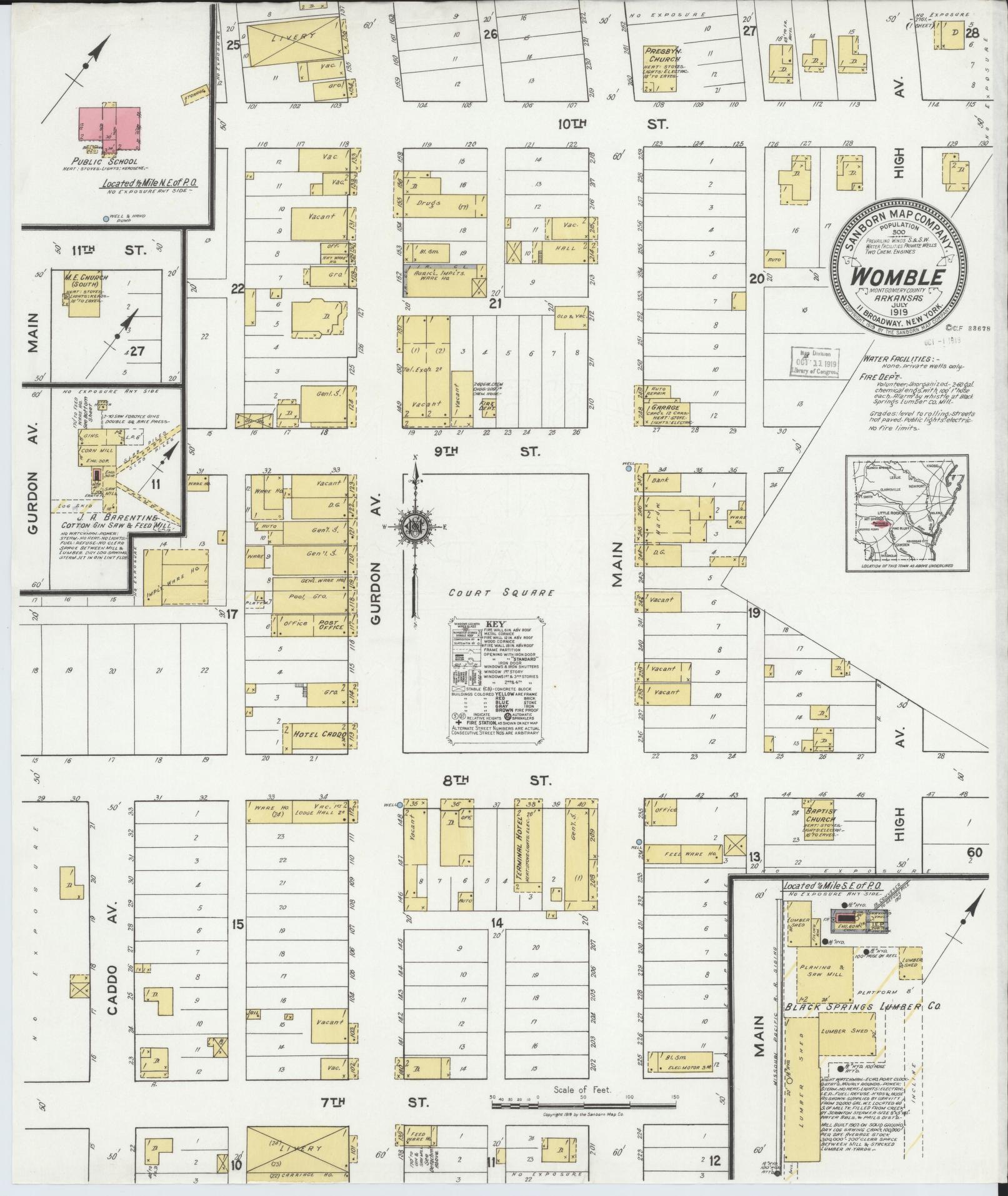 Sanborn Fire Insurance Map from Womble, Montgomery County, Arkansas (1919), Sheet #0001 - Historic Sanborn Fire Insurance Map Print, vintage old map wall art, antique decor, genealogy gift, Arkansas Arkansas map