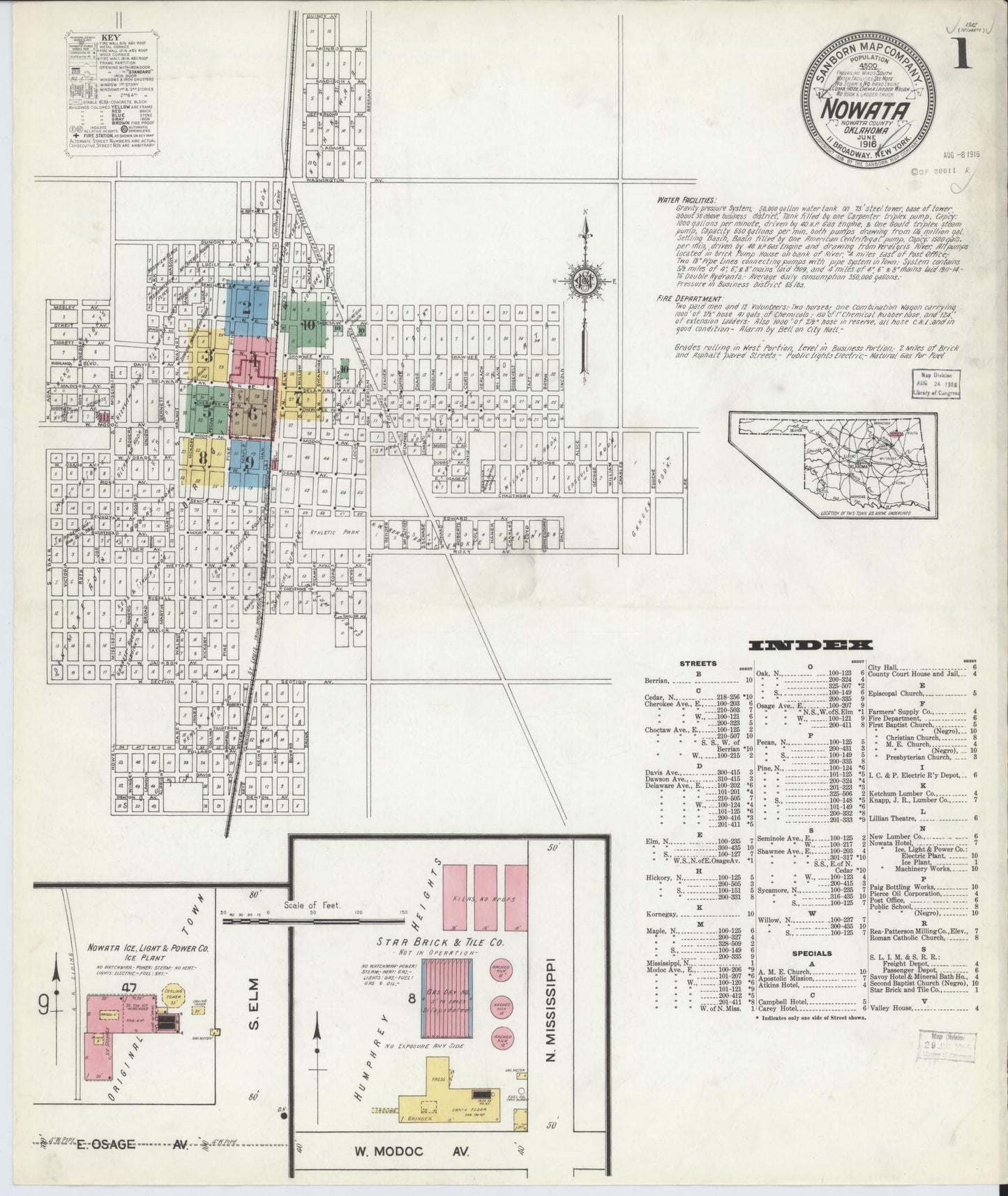 Sanborn Fire Insurance Map from Nowata, Nowata County, Oklahoma (1916), Sheet #0001 - Historic Sanborn Fire Insurance Map Print, vintage old map wall art, antique decor, genealogy gift, Oklahoma Oklahoma map
