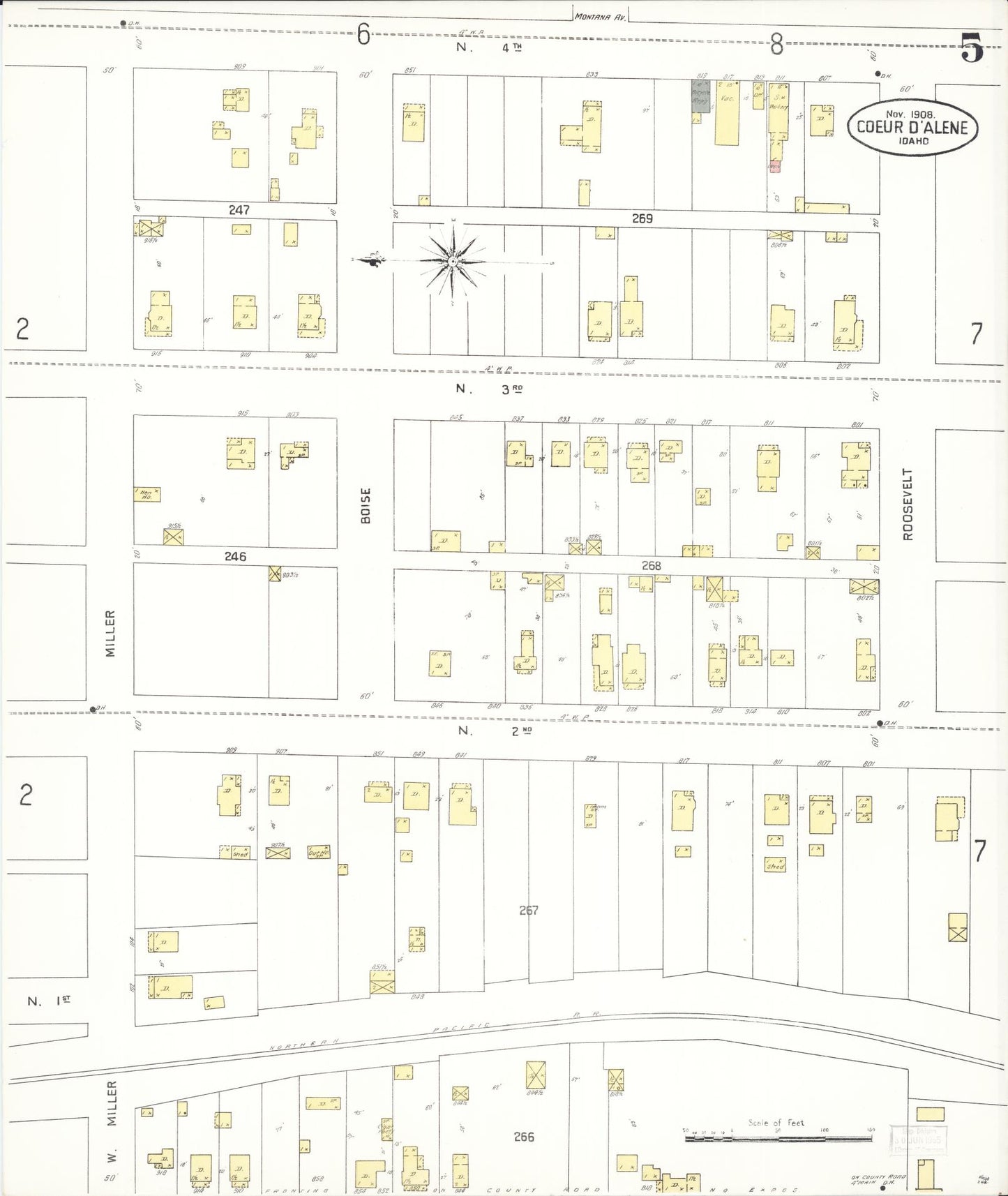 Sanborn Fire Insurance Map from Coeur D'alene, Kootenai County, Idaho (1908), Sheet #0005 - Complete Map Set gallery image, historic Sanborn map, vintage wall art, Idaho Idaho
