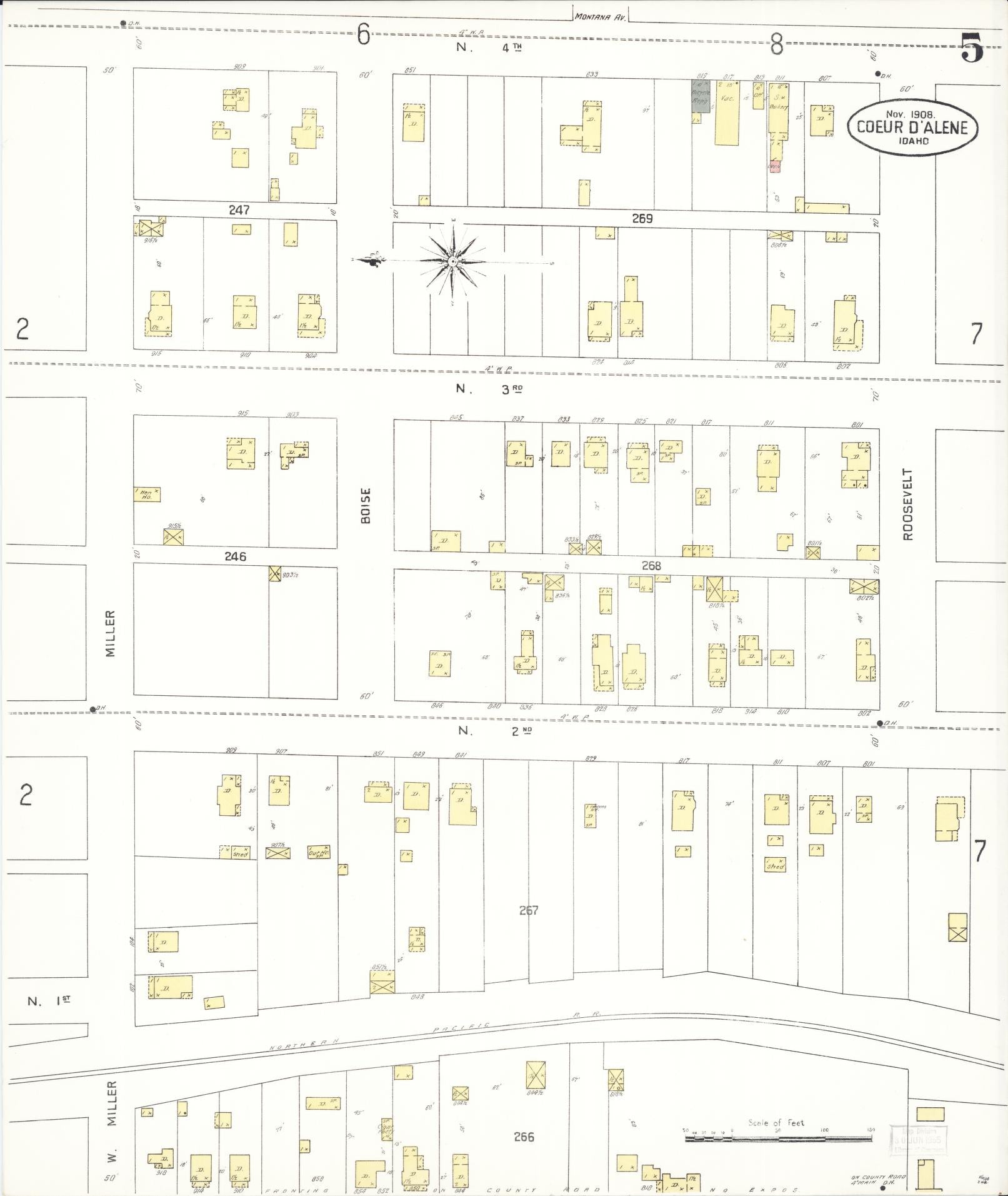 Sanborn Fire Insurance Map from Coeur D'alene, Kootenai County, Idaho (1908), Sheet #0005 - Complete Map Set gallery image, historic Sanborn map, vintage wall art, Idaho Idaho