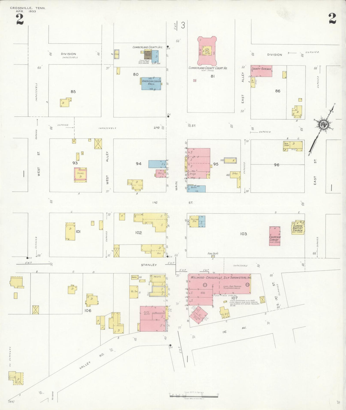 Sanborn Fire Insurance Map from Crossville, Cumberland County, Tennessee (1933), Sheet #0002 - Complete Map Set gallery image, historic Sanborn map, vintage wall art, Tennessee Tennessee
