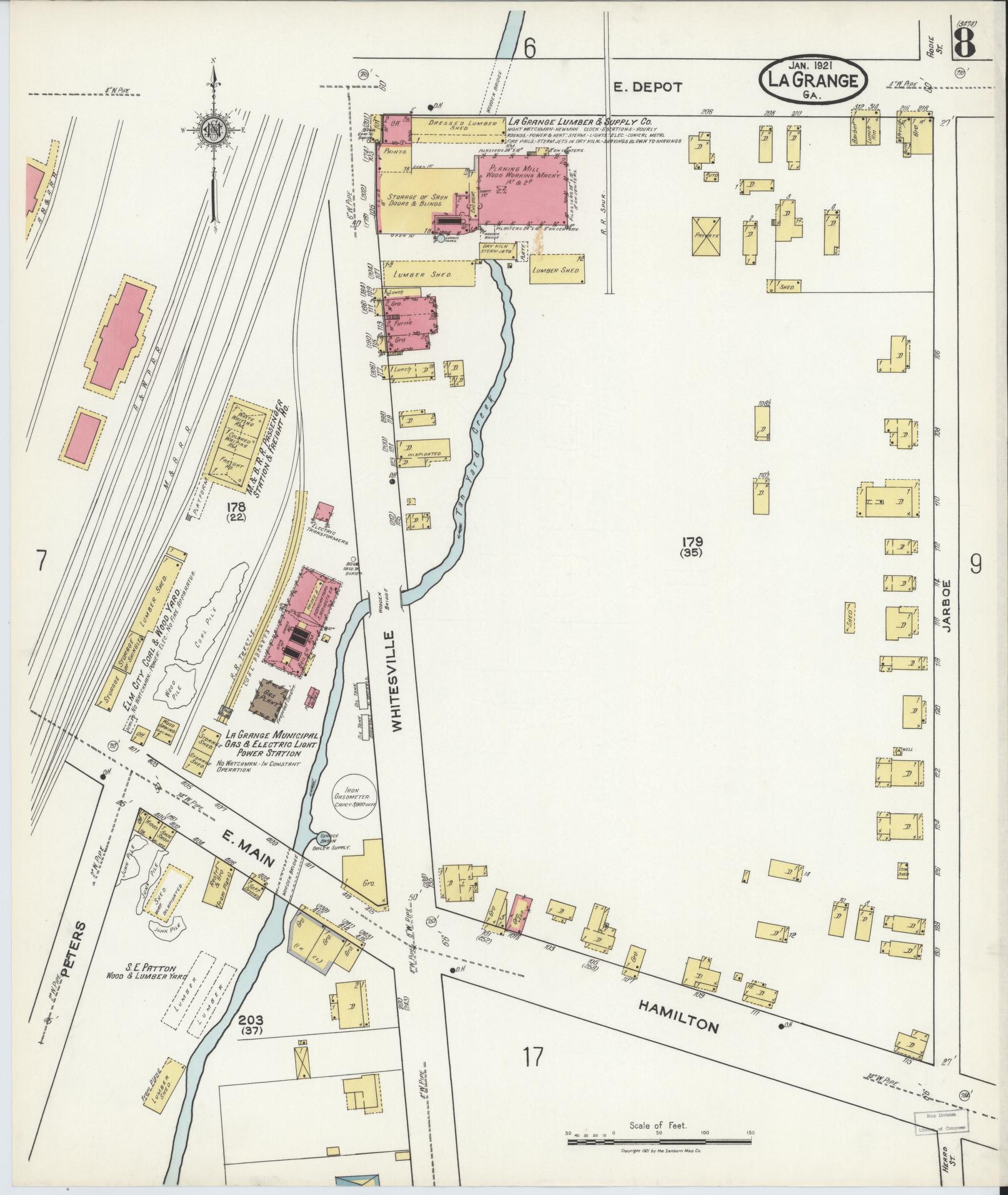 Sanborn Fire Insurance Map from La Grange, Troup County, Georgia (1921), Sheet #0008 - Historic Sanborn Fire Insurance Map Print, vintage old map wall art, antique decor, genealogy gift, Georgia Georgia map