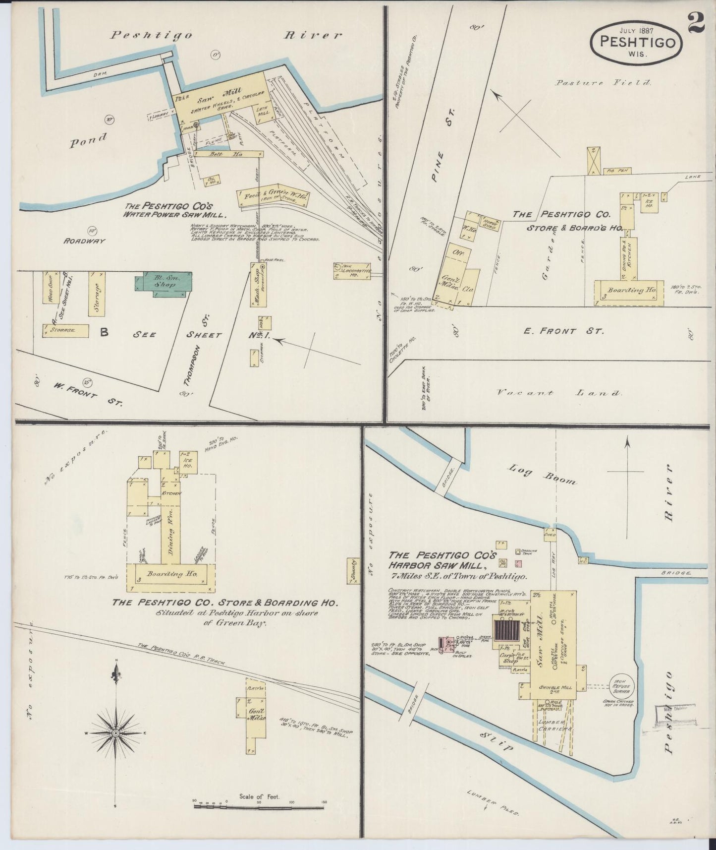 Sanborn Fire Insurance Map from Peshtigo, Marinette County, Wisconsin (1887), Sheet #0002 - Historic Sanborn Fire Insurance Map Print, vintage old map wall art, antique decor, genealogy gift, Wisconsin Wisconsin map