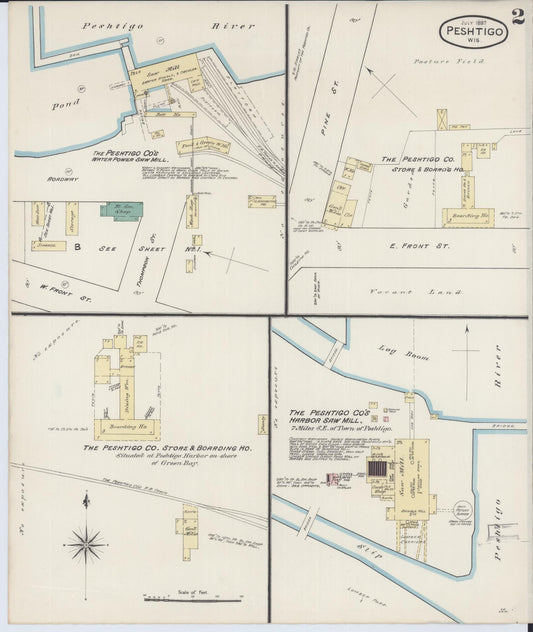 Sanborn Fire Insurance Map from Peshtigo, Marinette County, Wisconsin (1887), Sheet #0002 - Historic Sanborn Fire Insurance Map Print, vintage old map wall art, antique decor, genealogy gift, Wisconsin Wisconsin map