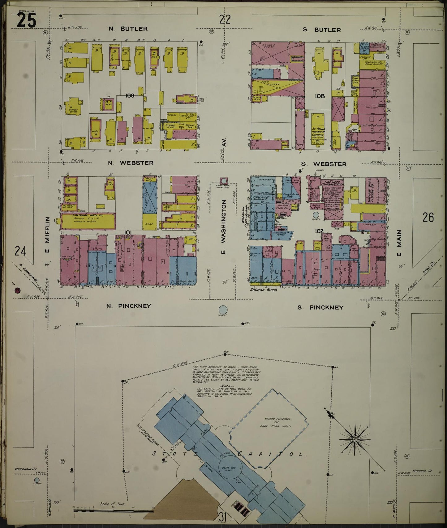 Sanborn Fire Insurance Map from Madison, Dane County, Wisconsin (1908), Sheet #0025 - Historic Sanborn Fire Insurance Map Print, vintage old map wall art, antique decor, genealogy gift, Wisconsin Wisconsin map