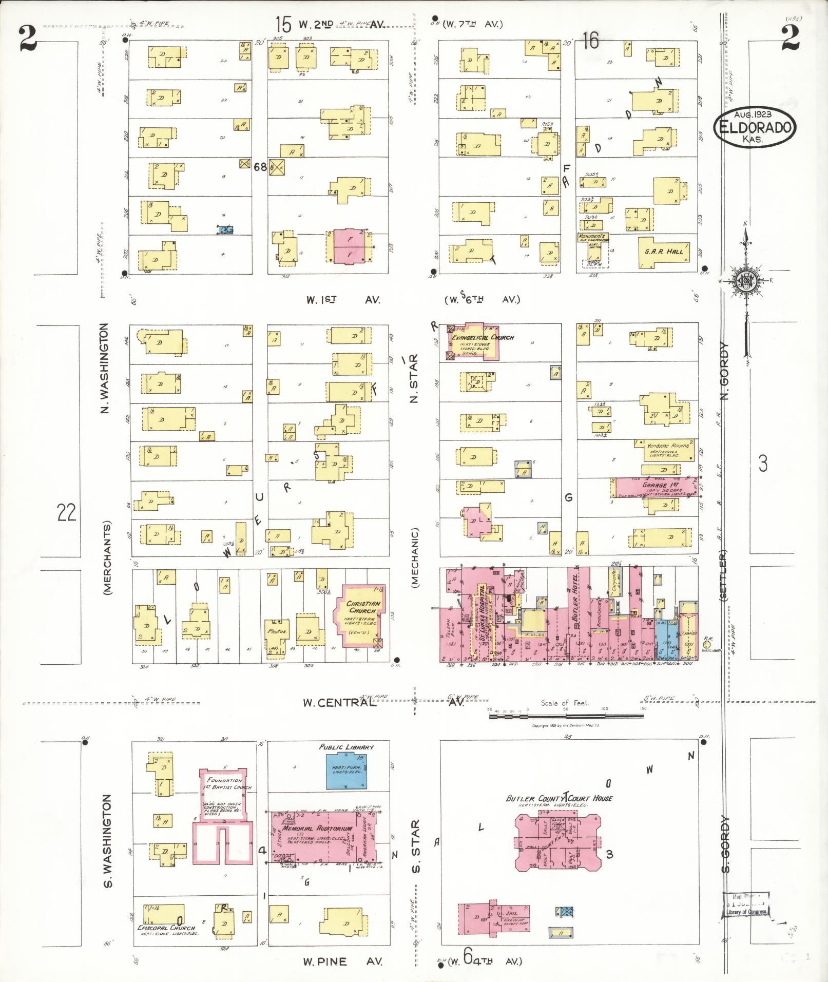 Sanborn Fire Insurance Map from El Dorado, Butler County, Kansas (1923), Sheet #0002 - Complete Map Set gallery image, historic Sanborn map, vintage wall art, Kansas Kansas