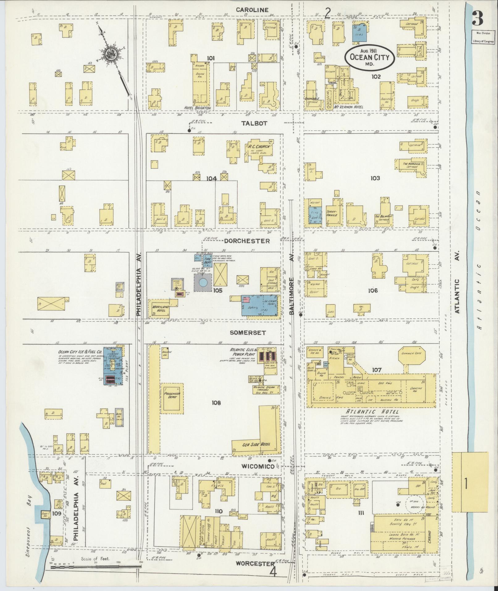 Sanborn Fire Insurance Map from Ocean City, Worcester County, Maryland (1911), Sheet #0003 - Complete Map Set gallery image, historic Sanborn map, vintage wall art, Maryland Maryland