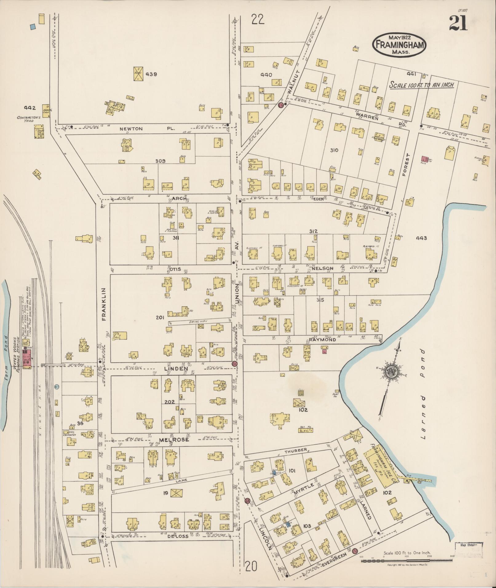 Sanborn Fire Insurance Map from Framingham, Middlesex County, Massachusetts (1922), Sheet #0021 - Complete Map Set gallery image, historic Sanborn map, vintage wall art, Massachusetts Massachusetts