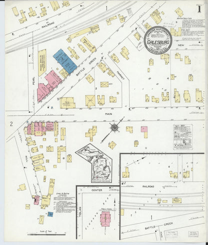 Sanborn Fire Insurance Map from Galesburg, Kalamazoo County, Michigan (1921), Sheet #0001 - Historic Sanborn Fire Insurance Map Print, vintage old map wall art, antique decor, genealogy gift, Michigan Michigan map
