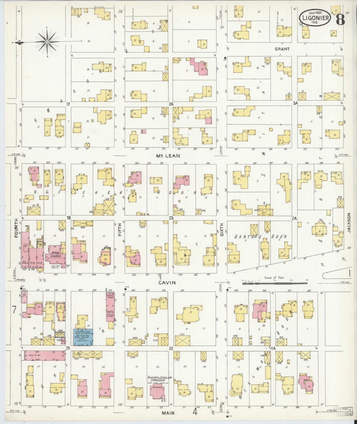 Sanborn Fire Insurance Map from Ligonier, Noble County, Indiana (1907), Sheet #0008 - Historic Sanborn Fire Insurance Map Print, vintage old map wall art, antique decor, genealogy gift, Indiana Indiana map