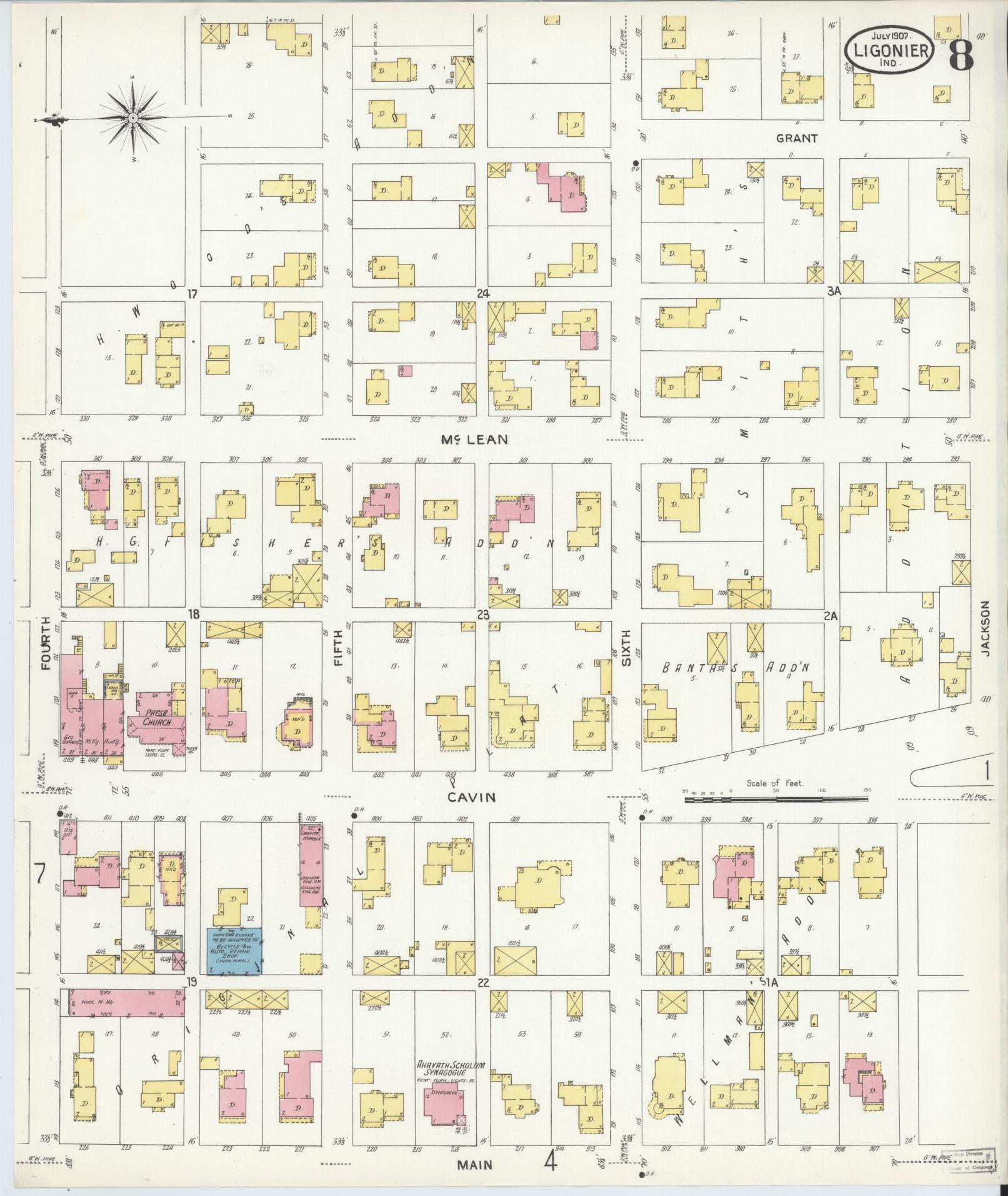 Sanborn Fire Insurance Map from Ligonier, Noble County, Indiana (1907), Sheet #0008 - Historic Sanborn Fire Insurance Map Print, vintage old map wall art, antique decor, genealogy gift, Indiana Indiana map