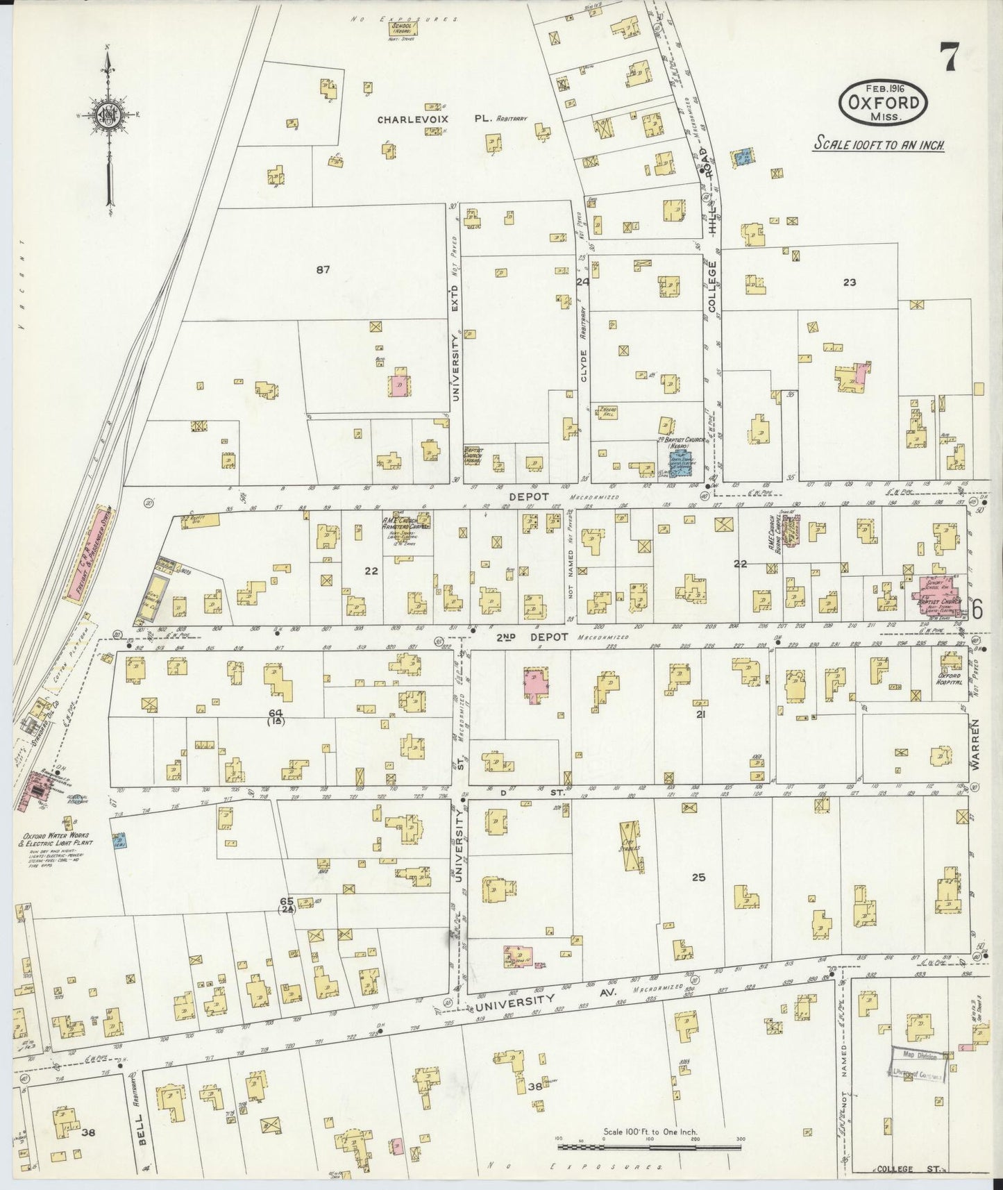 Sanborn Fire Insurance Map from Oxford, Lafayette County, Mississippi (1916), Sheet #0007 - Historic Sanborn Fire Insurance Map Print, vintage old map wall art, antique decor, genealogy gift, Mississippi Mississippi map