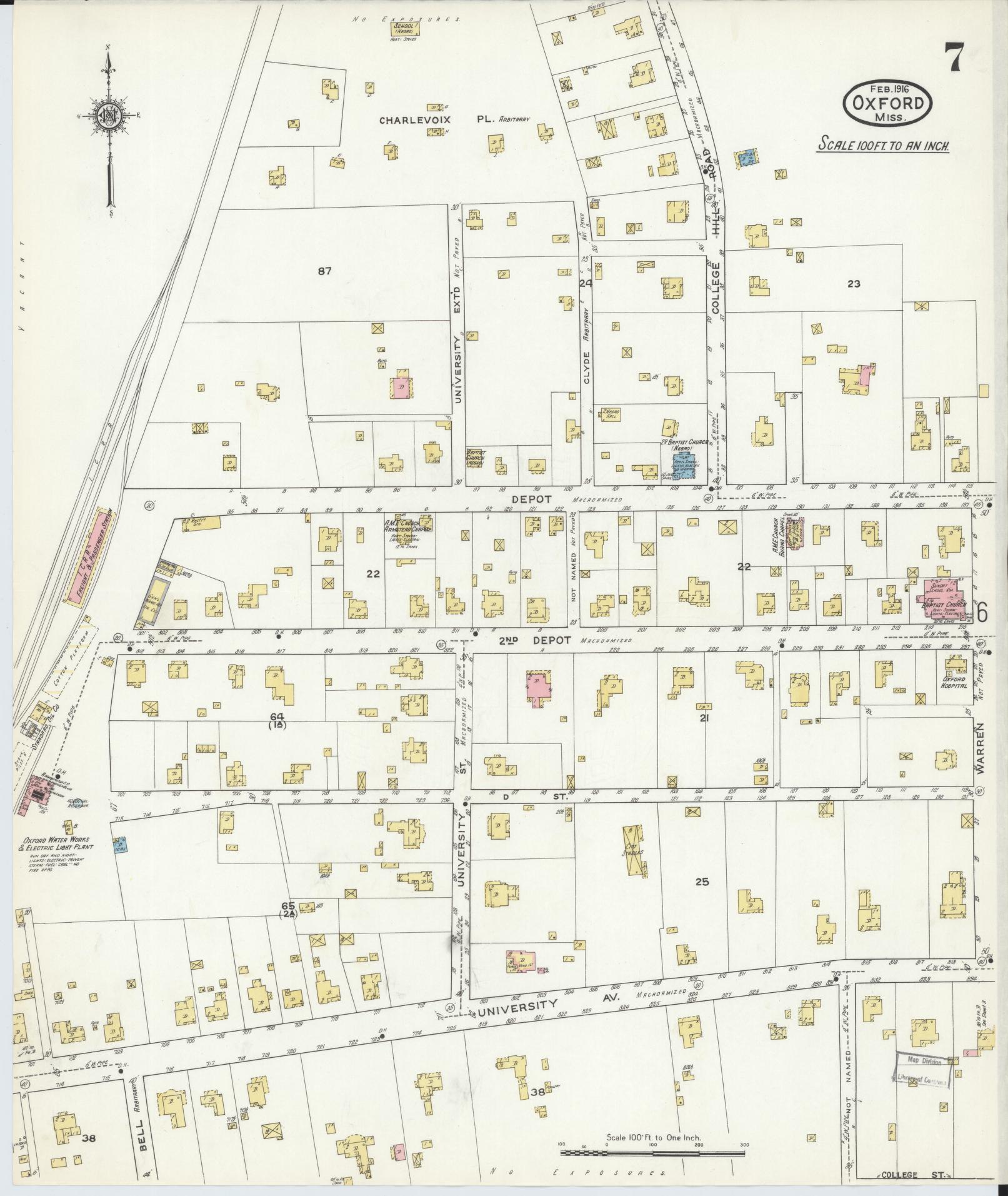 Sanborn Fire Insurance Map from Oxford, Lafayette County, Mississippi (1916), Sheet #0007 - Historic Sanborn Fire Insurance Map Print, vintage old map wall art, antique decor, genealogy gift, Mississippi Mississippi map