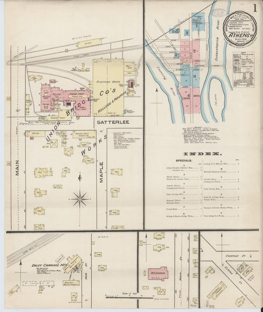 Sanborn Fire Insurance Map from Athens, Bradford County, Pennsylvania (1885), Sheet #0001 - Historic Sanborn Fire Insurance Map Print, vintage old map wall art, antique decor, genealogy gift, Pennsylvania Pennsylvania map