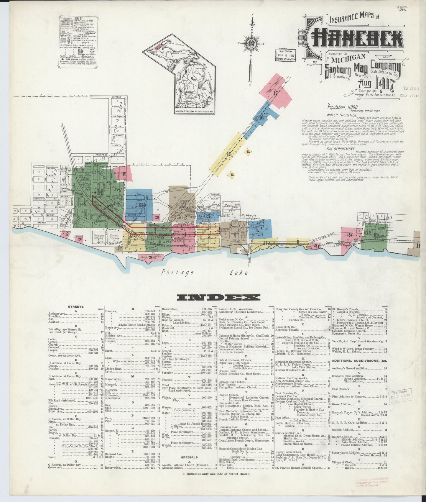 Sanborn Fire Insurance Map from Hancock, Houghton County, Michigan (1917), Sheet #0001 - Complete Map Set gallery image, historic Sanborn map, vintage wall art, Michigan Michigan