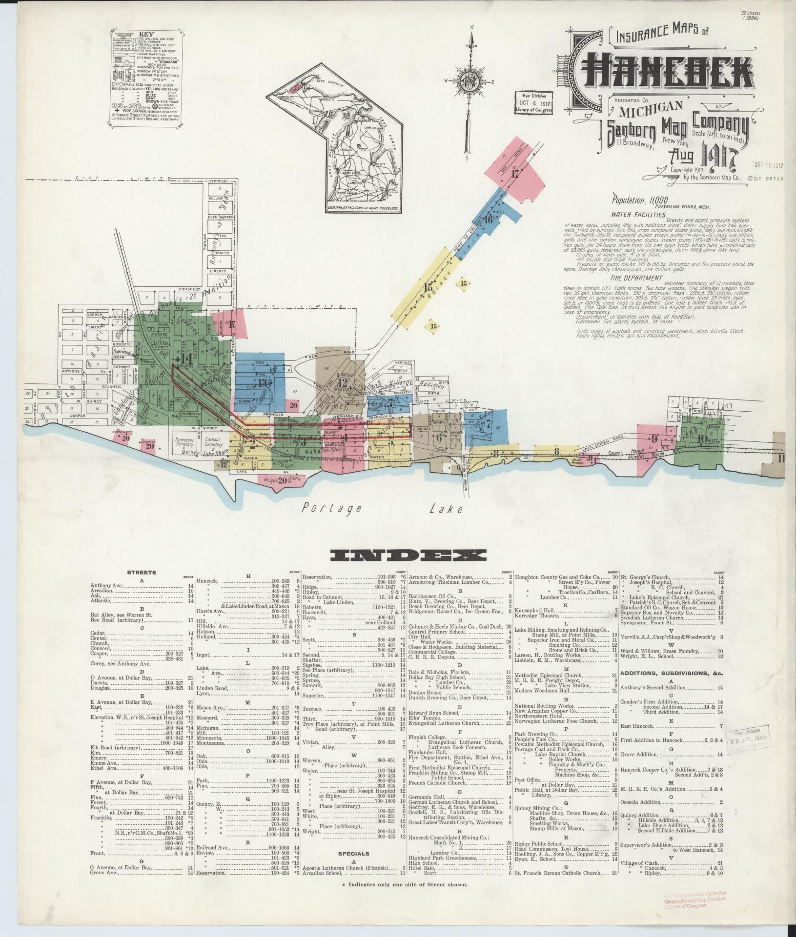 Sanborn Fire Insurance Map from Hancock, Houghton County, Michigan (1917), Sheet #0001 - Complete Map Set gallery image, historic Sanborn map, vintage wall art, Michigan Michigan