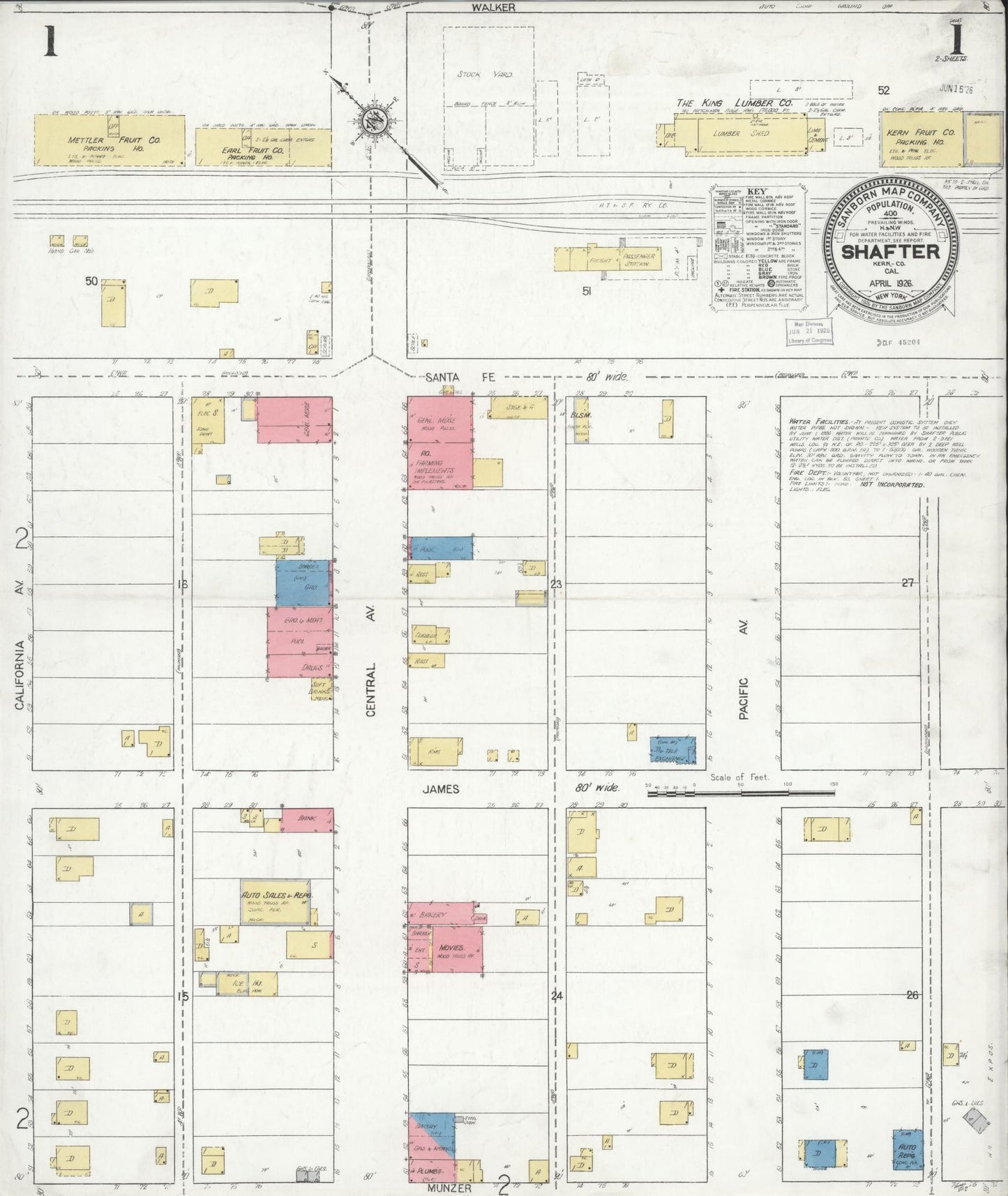 Sanborn Fire Insurance Map from Shafter, Kern County, California (1926), Sheet #0001 - Complete Map Set gallery image, historic Sanborn map, vintage wall art, California California