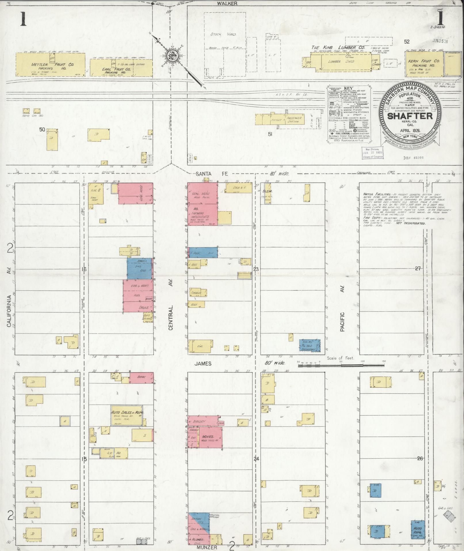 Sanborn Fire Insurance Map from Shafter, Kern County, California (1926), Sheet #0001 - Complete Map Set gallery image, historic Sanborn map, vintage wall art, California California