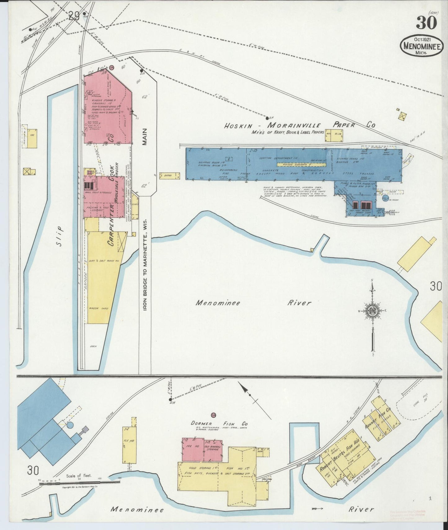 Sanborn Fire Insurance Map from Menominee, Menominee County, Michigan (1921), Sheet #0030 - Historic Sanborn Fire Insurance Map Print, vintage old map wall art, antique decor, genealogy gift, Michigan Michigan map