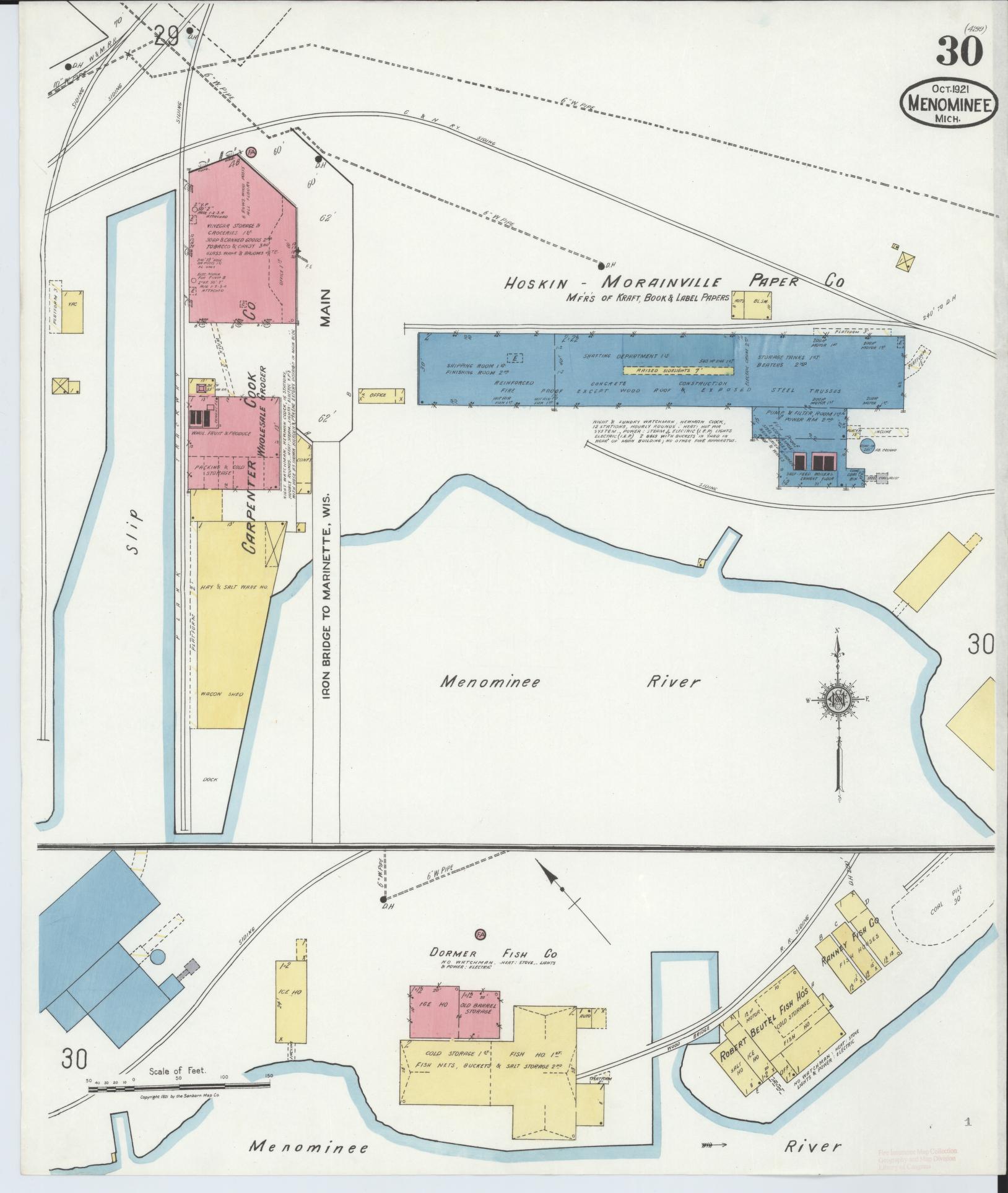 Sanborn Fire Insurance Map from Menominee, Menominee County, Michigan (1921), Sheet #0030 - Historic Sanborn Fire Insurance Map Print, vintage old map wall art, antique decor, genealogy gift, Michigan Michigan map