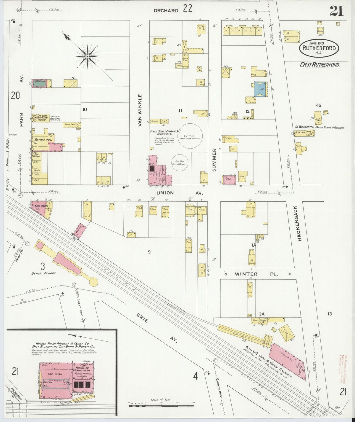 Sanborn Fire Insurance Map from Rutherford, Bergen County, New Jersey (1909), Sheet #0021 - Historic Sanborn Fire Insurance Map Print, vintage old map wall art, antique decor, genealogy gift, New Jersey New Jersey map