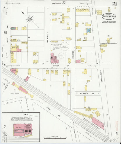 Sanborn Fire Insurance Map from Rutherford, Bergen County, New Jersey (1909), Sheet #0021 - Historic Sanborn Fire Insurance Map Print, vintage old map wall art, antique decor, genealogy gift, New Jersey New Jersey map