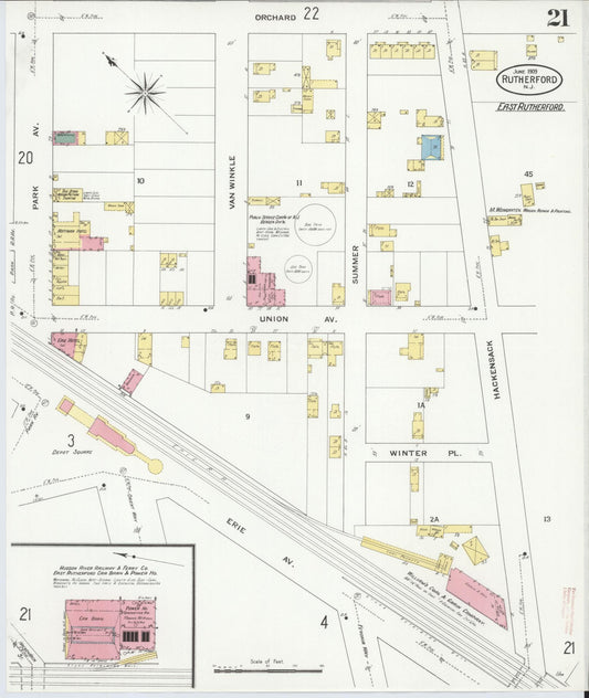 Sanborn Fire Insurance Map from Rutherford, Bergen County, New Jersey (1909), Sheet #0021 - Historic Sanborn Fire Insurance Map Print, vintage old map wall art, antique decor, genealogy gift, New Jersey New Jersey map